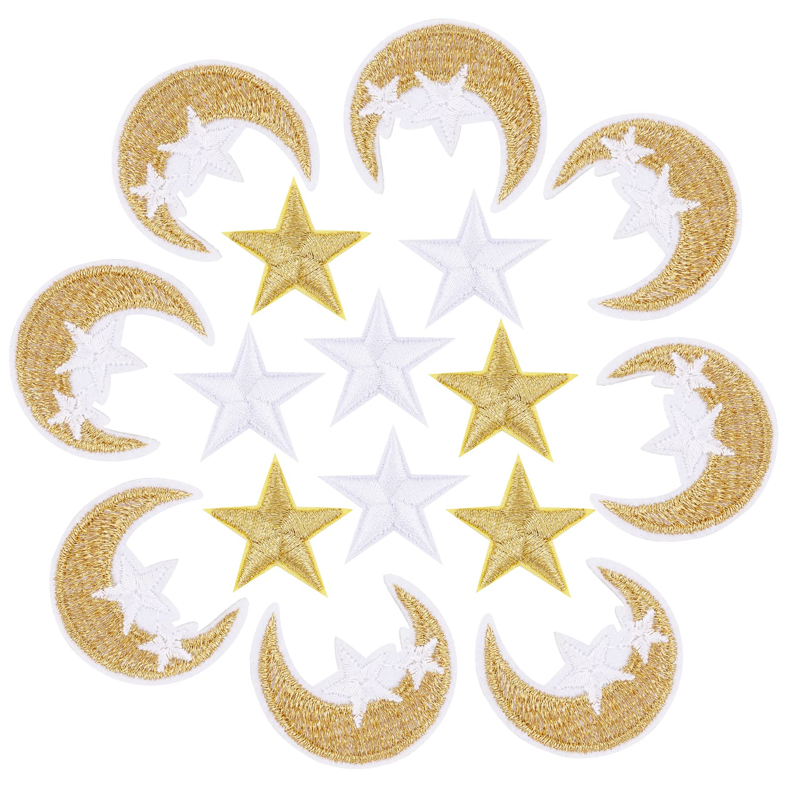 CHGCRAFT 100pcs 3styles Moon Embroidered Patches Gold Silver Star Sew-on Cloth Patches for Clothing Jackets Hats Backpacks Jeans Repair Decorations DIY Accessories 28-38x29-34x1.5-2mm