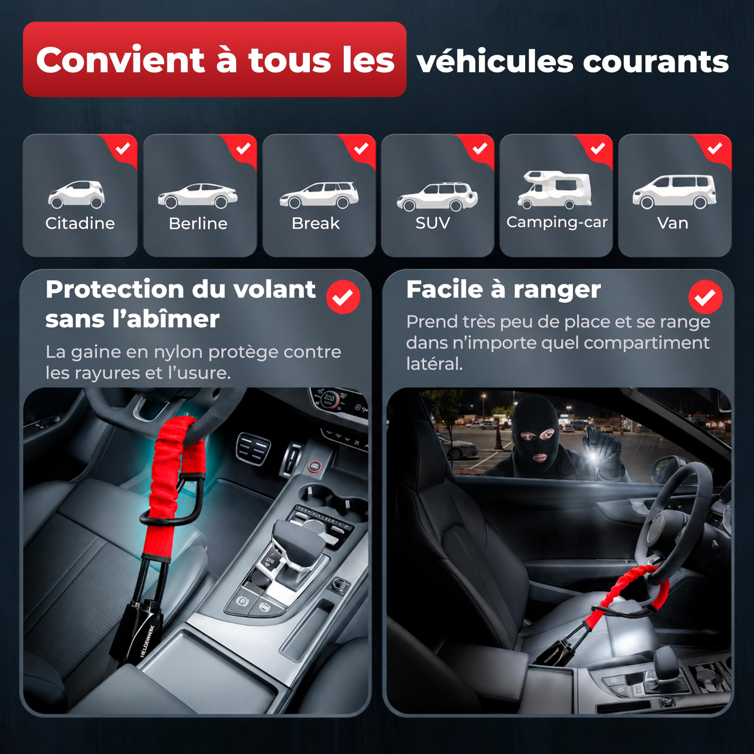 HELDENWERK® Antivol de volant pour voiture et camping-car - En métal - Ajustement universel - Antivol de volant avec câble en acier épais - Anti-démarrage - Avec 3 clés de sécurité - Rouge