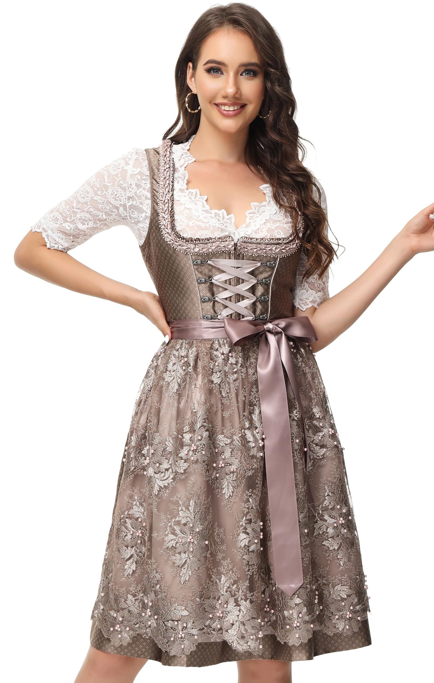 TrendiMax Trachten Damen Dirndl Midi Dirndlkleid Tachtenkleid für Oktoberfest mit Spitzenschürze 34-48