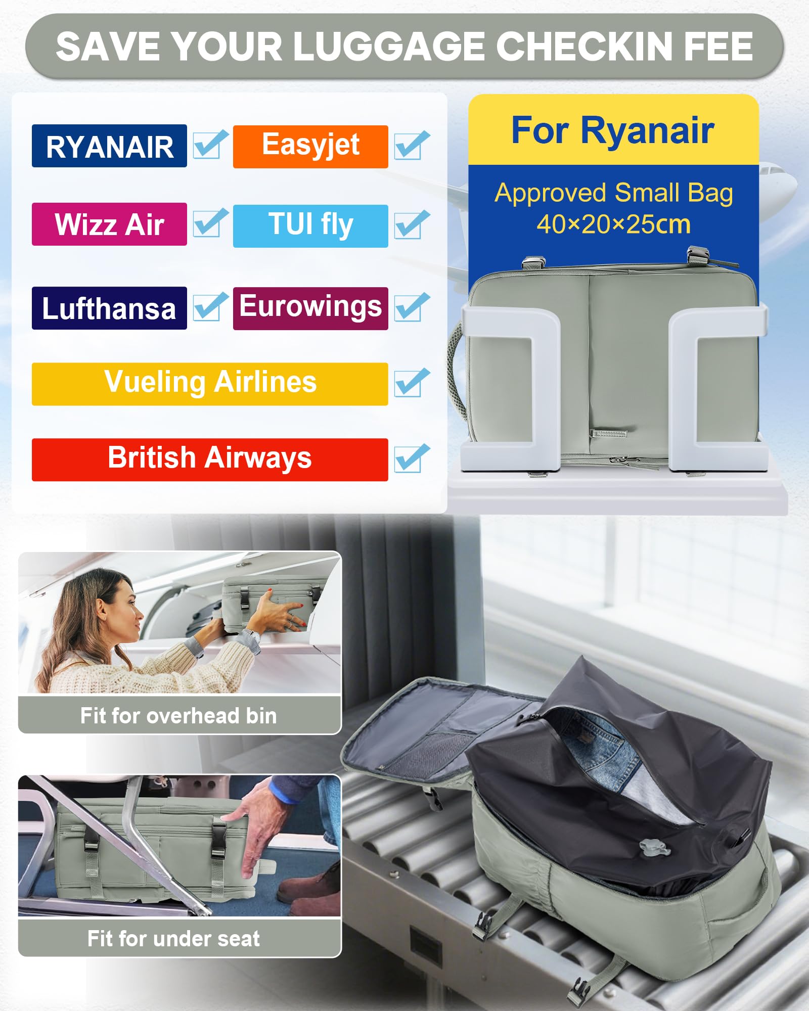 SZLX Zaino Ryanair 40x30x20 Sottovuoto Zaino da Viaggio 40x30x20 Wizzair Bagaglio a Mano 40x20x25 Borse da Cabina per Easyjet 45x36x20 Donna con USB Adatto a PC da 14 Pollici, Valigia con Sottovuoto
