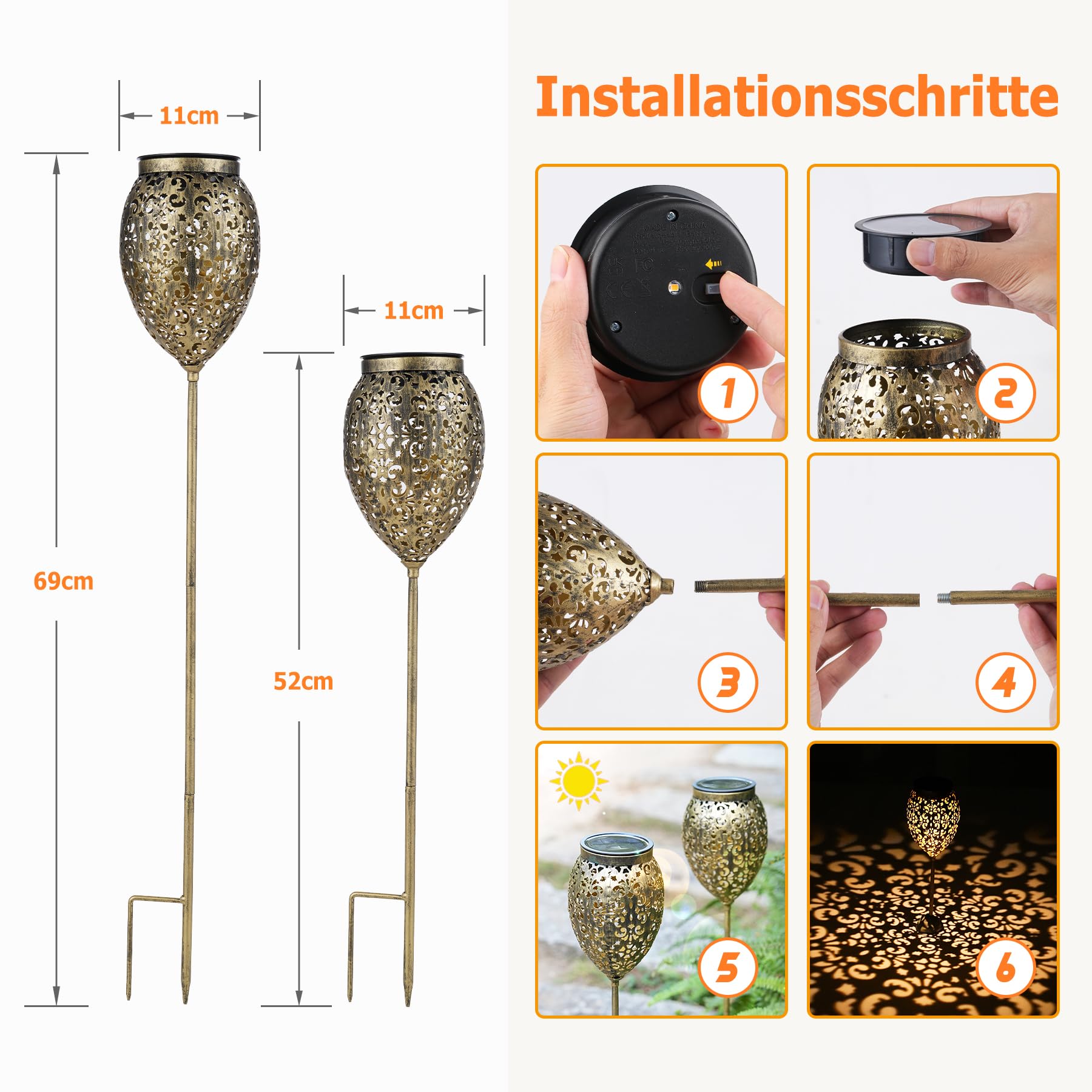 JOYCREATOR Solarlampen für Außen Garten 4 Stück, Orientalische Garten Solarleuchten für Außen Metall IP65 Wasserdicht, LED Gartenleuchten Solar Bronze 52/69 cm mit Erdspieß für Balkon Terrasse