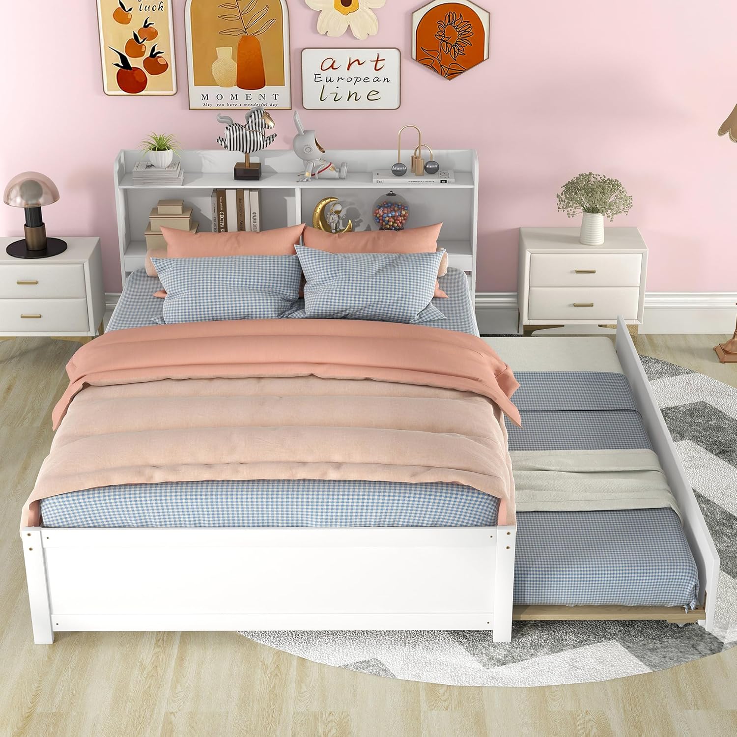 Full Size Bed Frame with Trundle,Captain’s Bed Full with Bookcase Headboard for Kids,Trundle Bed with Storage for Kids,Teens,Adults(White)