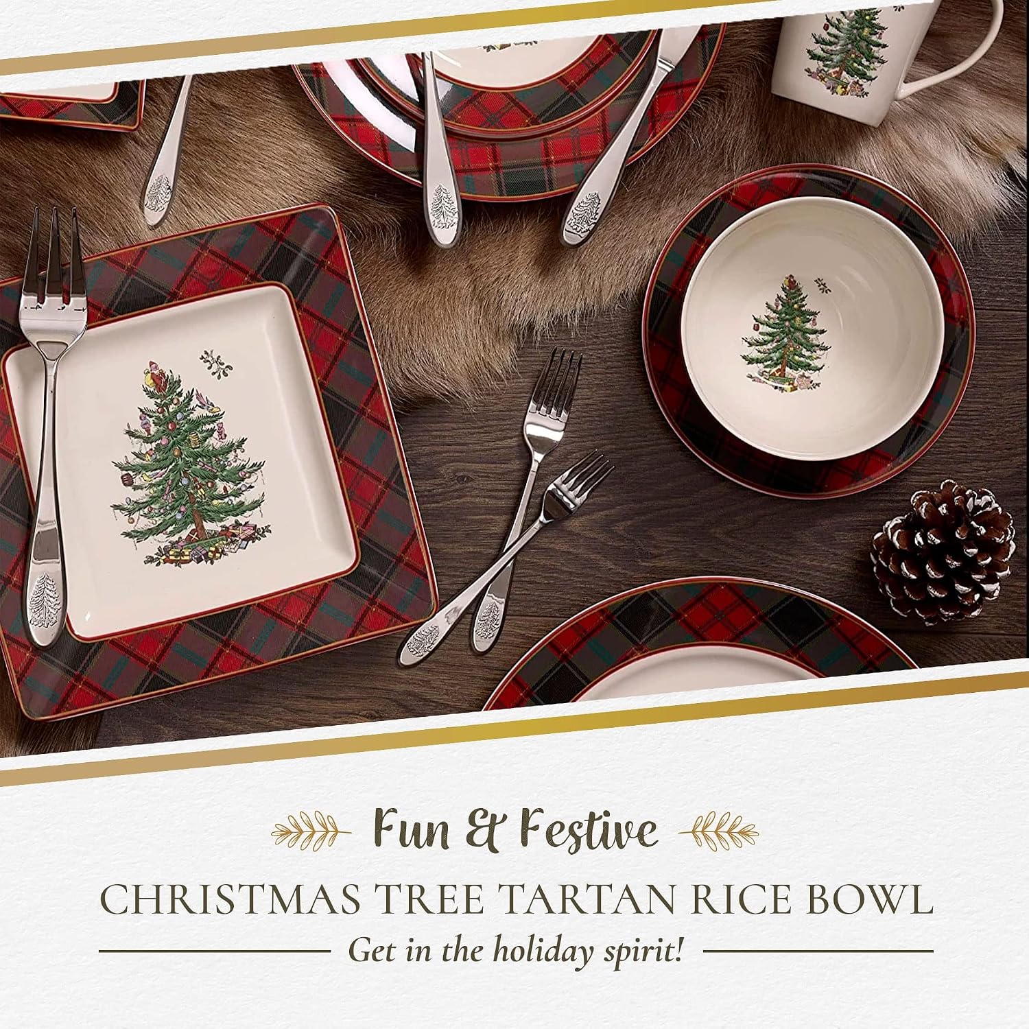 Spode – Christmas Tree – Christmas Tree Tartan Rice Bowl – 24 Oz