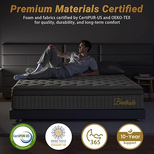 Miniatura 3 de inight Colchón híbrido tamaño King de 12 pulgadas, colchón híbrido King en una caja, espuma viscoelástica de gel y resortes individuales en