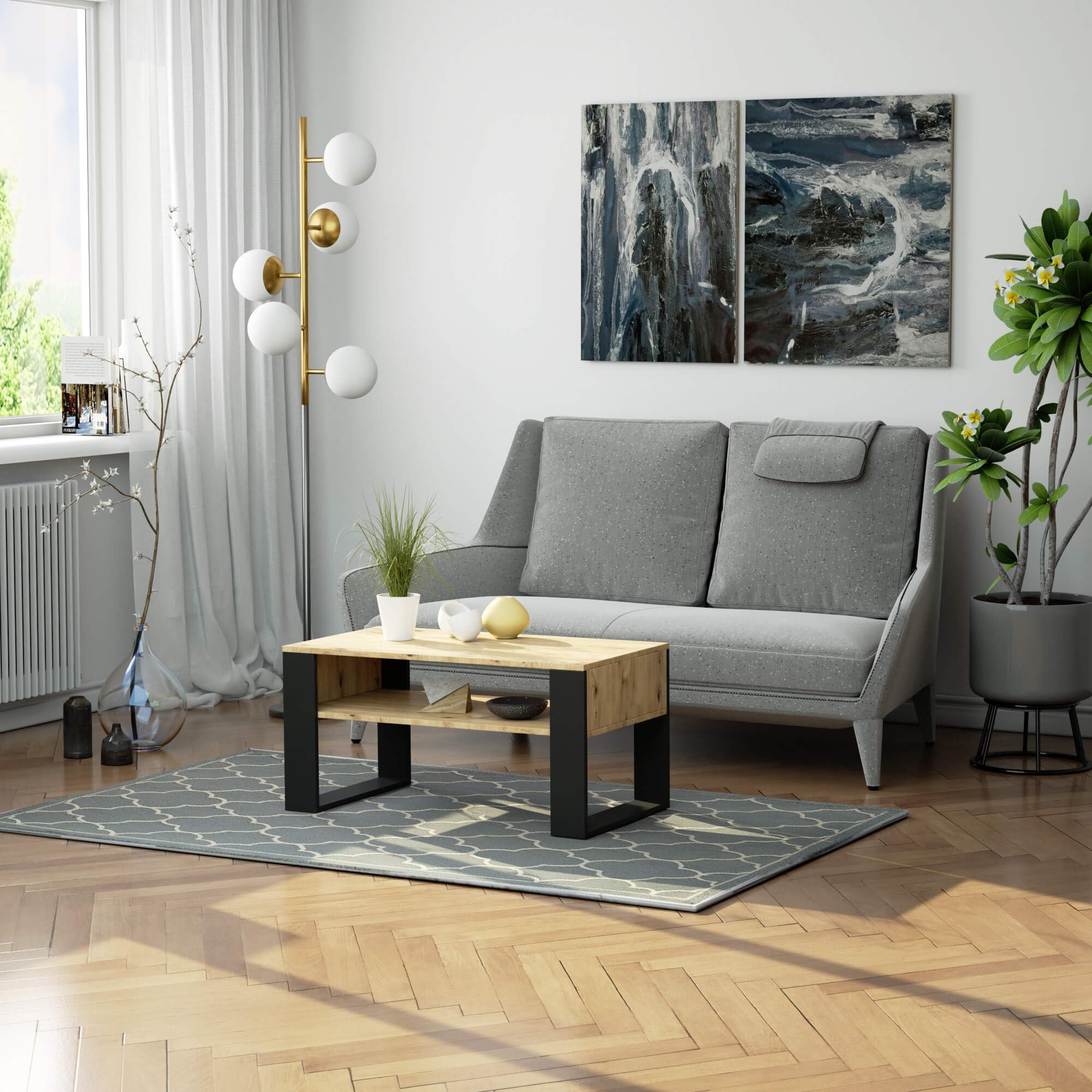 AKORD | Tavolino da Salotto in Legno - DOMI | Tavolo da Caffè con gambe un Ripiano | Coffee Table | Tavolini Basso Moderno | Arredamento Casa | 92 x 45 x 53 cm | Rovere Artigianale & Nero Frontale