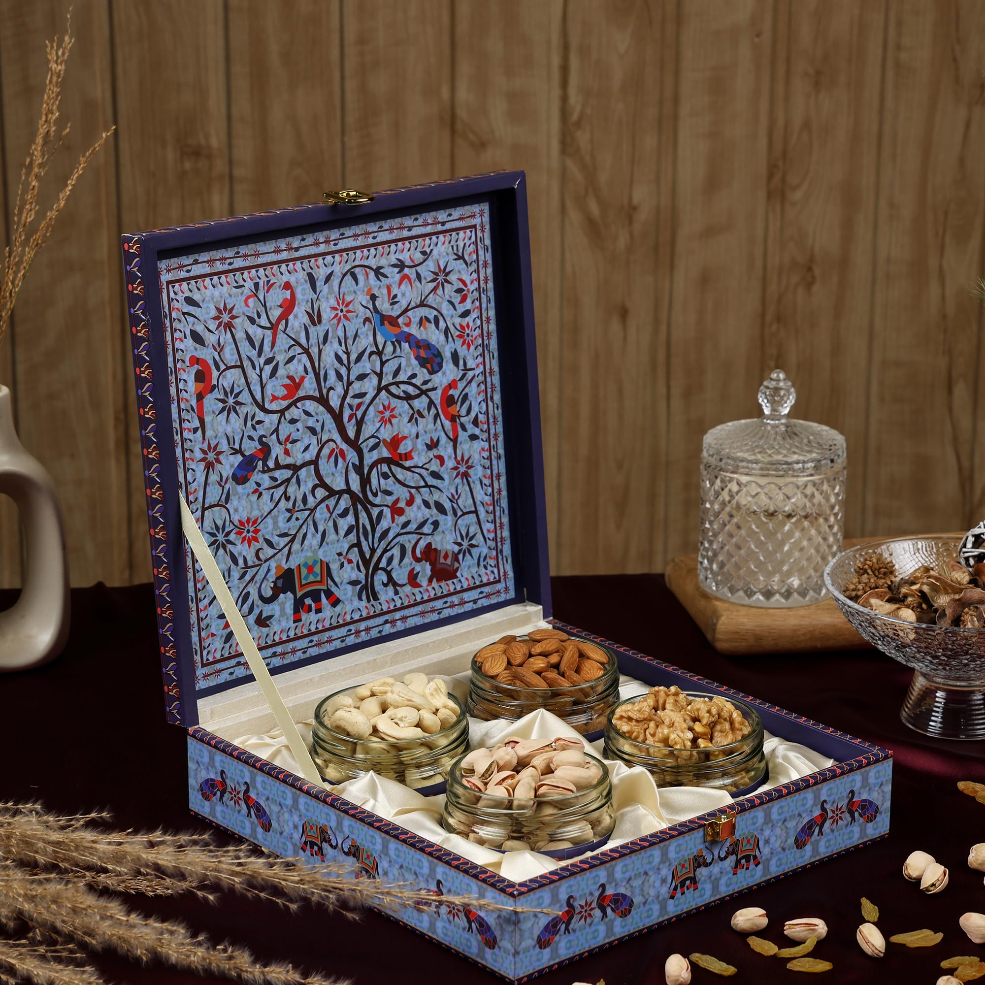 Riwaz Luxury Dry Fruit Gift Box | Premium Blue Peacock Design with 4 Salsa Jars of Almonds, Cashews, Pistachios & Walnuts | Ideal for Corporate, Wedding & Festive Gifting (450g)