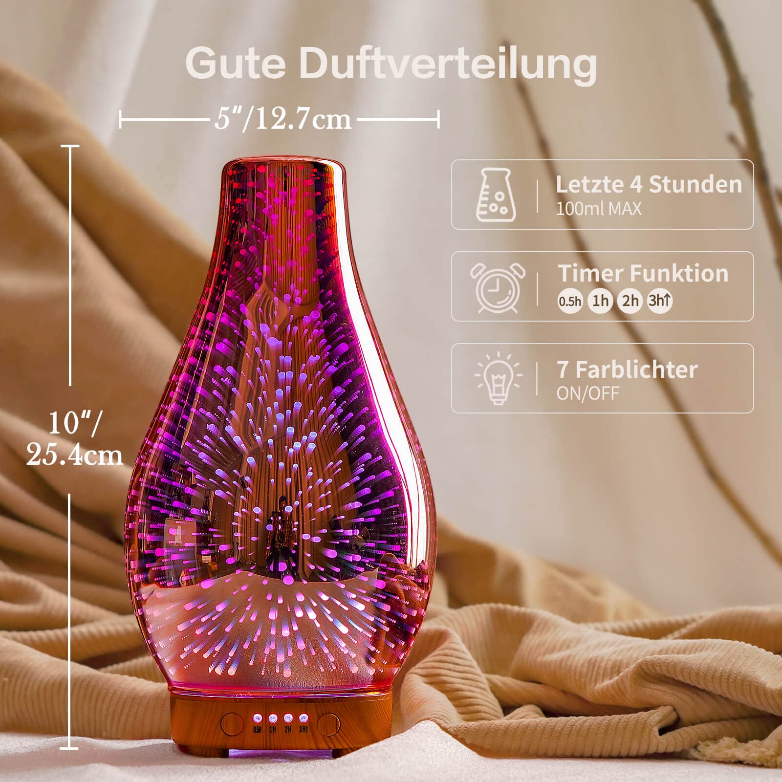 Porseme 100 ml aromadiffuser voor etherische oliën, handgeblazen glazen diffuser, luchtbevochtiger, ultrasoon, stil, 7 kleuren, 4 timers, verstuiver luchtaroma voor woning en slaapkamer