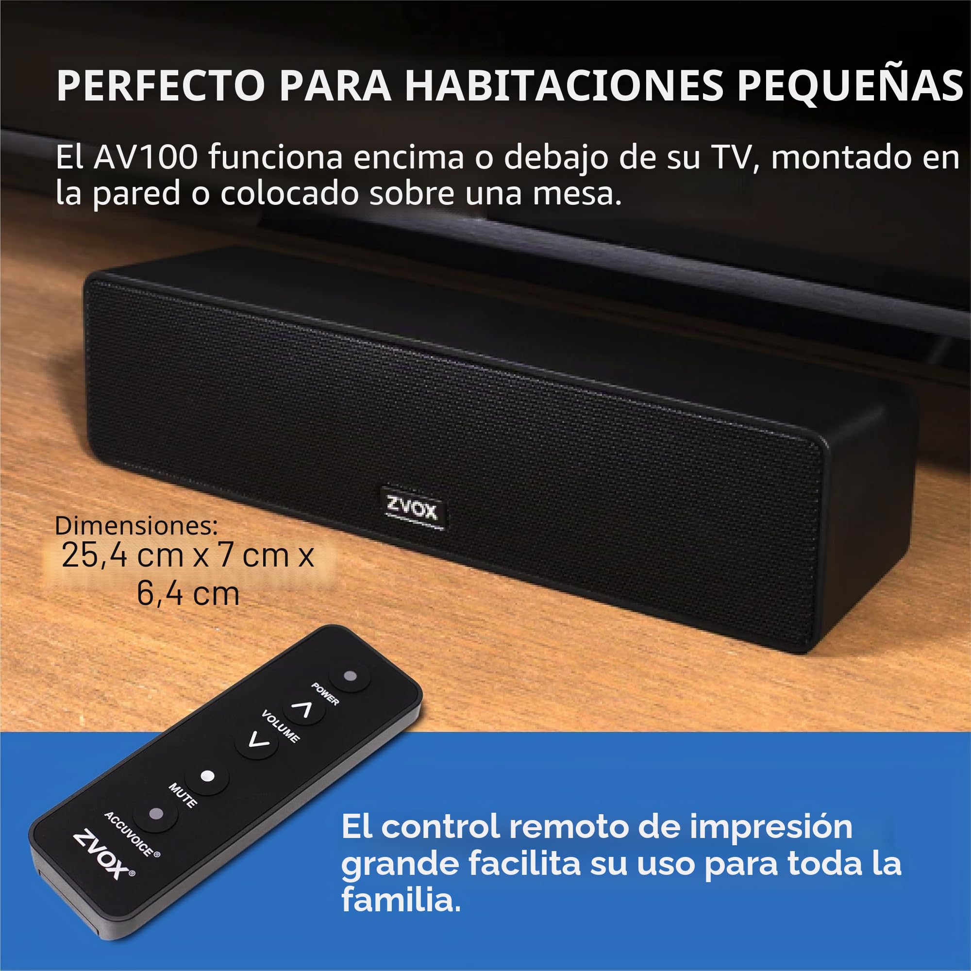 ZVOX AccuVoice AV100 - Altavoz compacto para TV con 6 niveles de refuerzo de voz, color negro