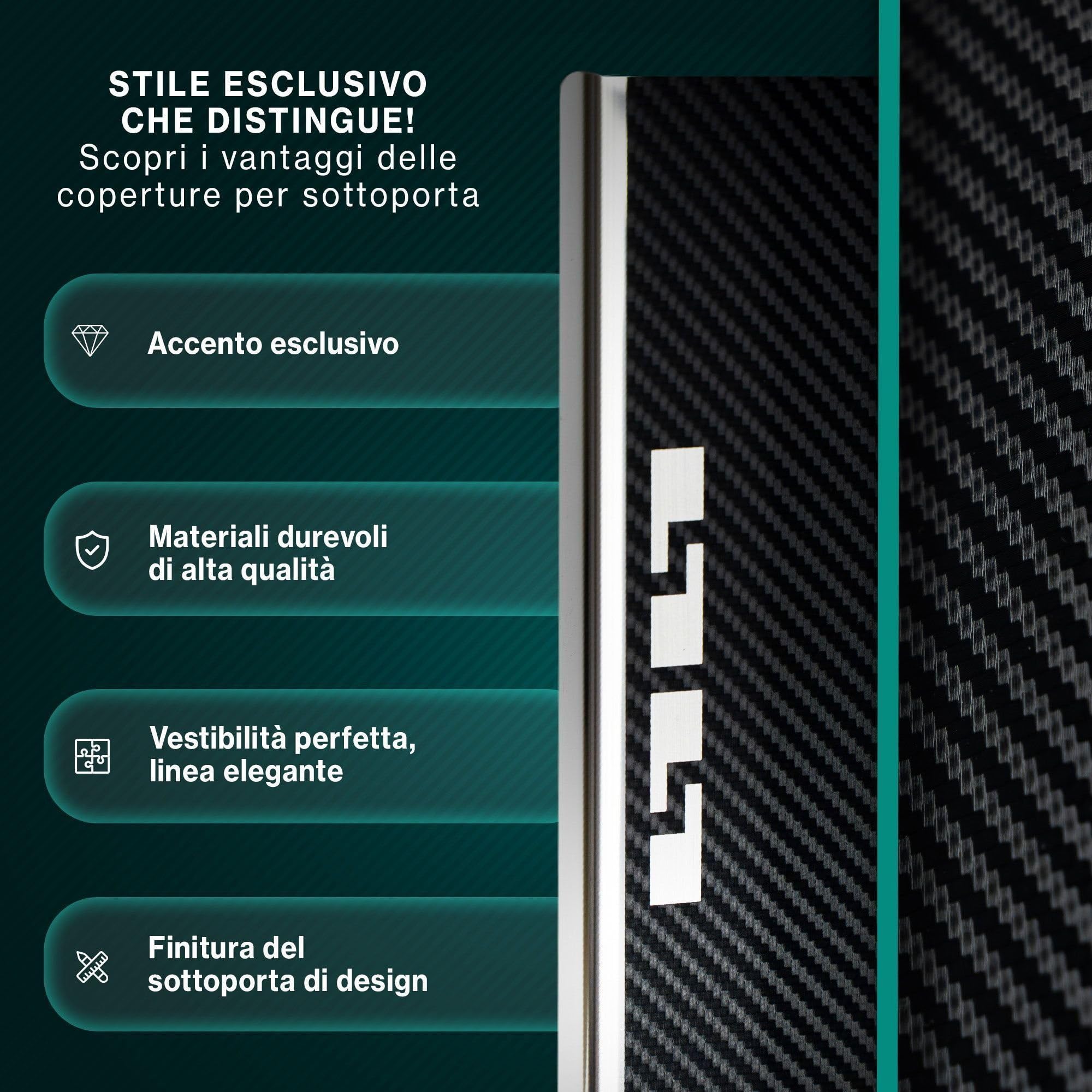CHROMEMASTER | Battitacco in Acciaio Inox Compatibile con Jaecoo Jaecoo 7 I 2023+ | Inox, Pellicola Vinilica Effetto Carbonio | Protezione Soglia Porta - Accessorio Auto Adesivo - Set da 4 pz pezzi
