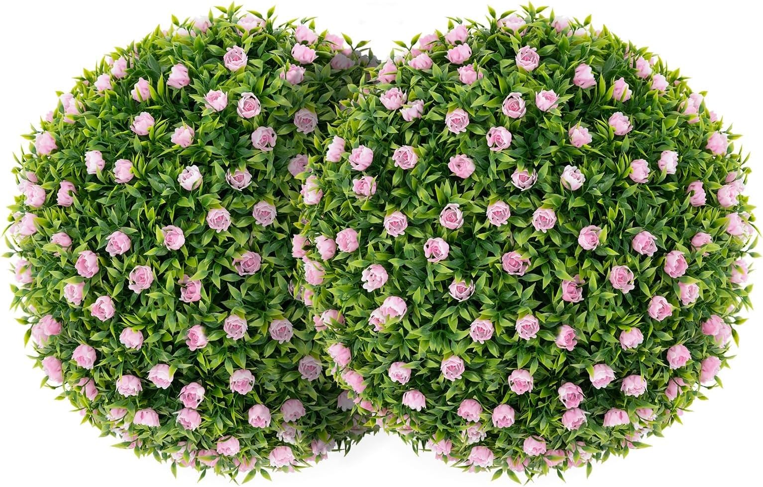 Exquisite Flower World 2PCS 14.5 Inch Artificial Topiary Balls, Round Pink Artificial Plant Balls for Front Door, Porch, Backyard, Home Décor Table Decoration, Home Environment, Party Setting