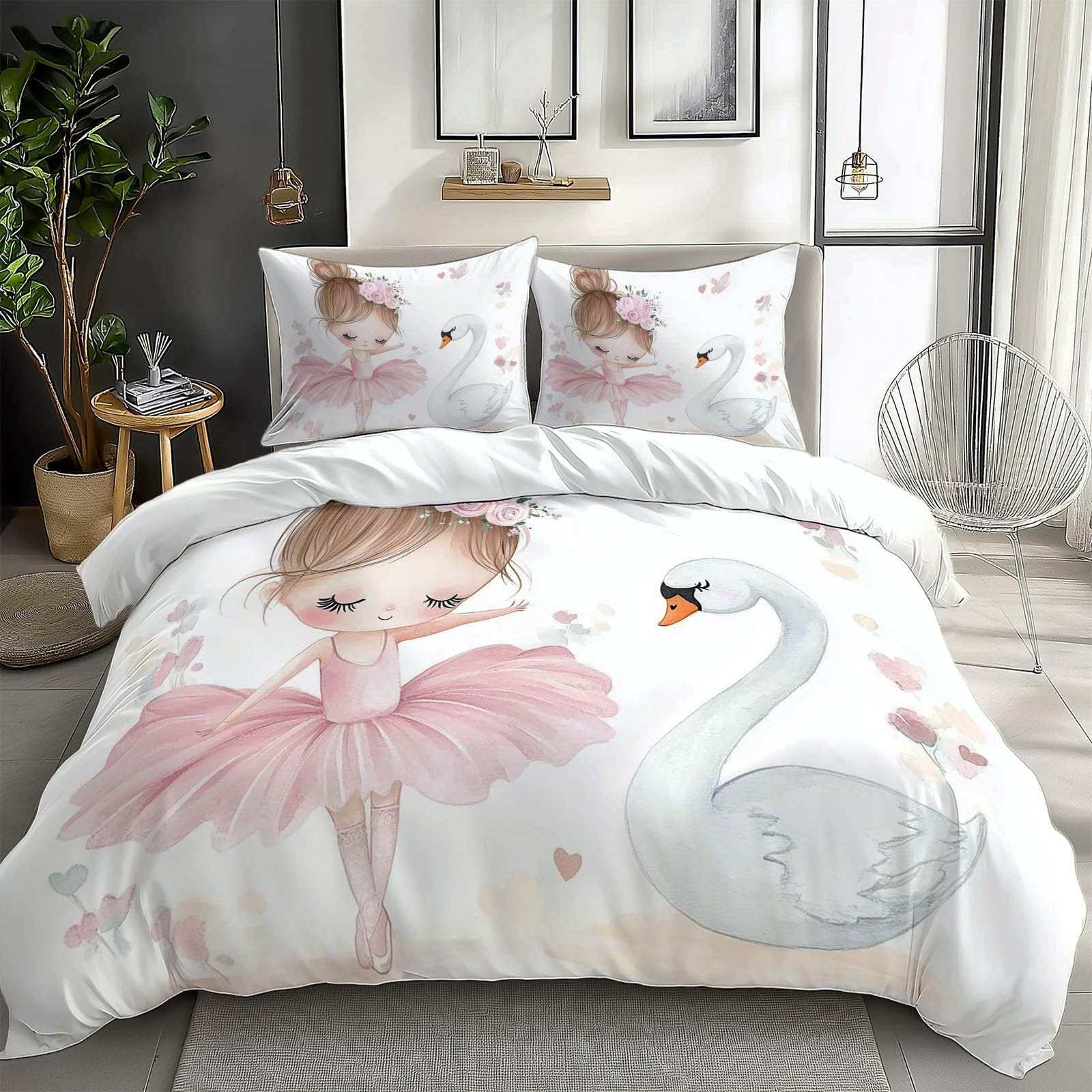 Funda Nordica Infantil para Cama 90 Cisne niña Dibujos Animados, Funda de Edredón Niña de Polialgodón, Juego de Ropa de Cama con Fundas Nordicas 150x200 cm 1 Funda de Almohada 50x75 cm