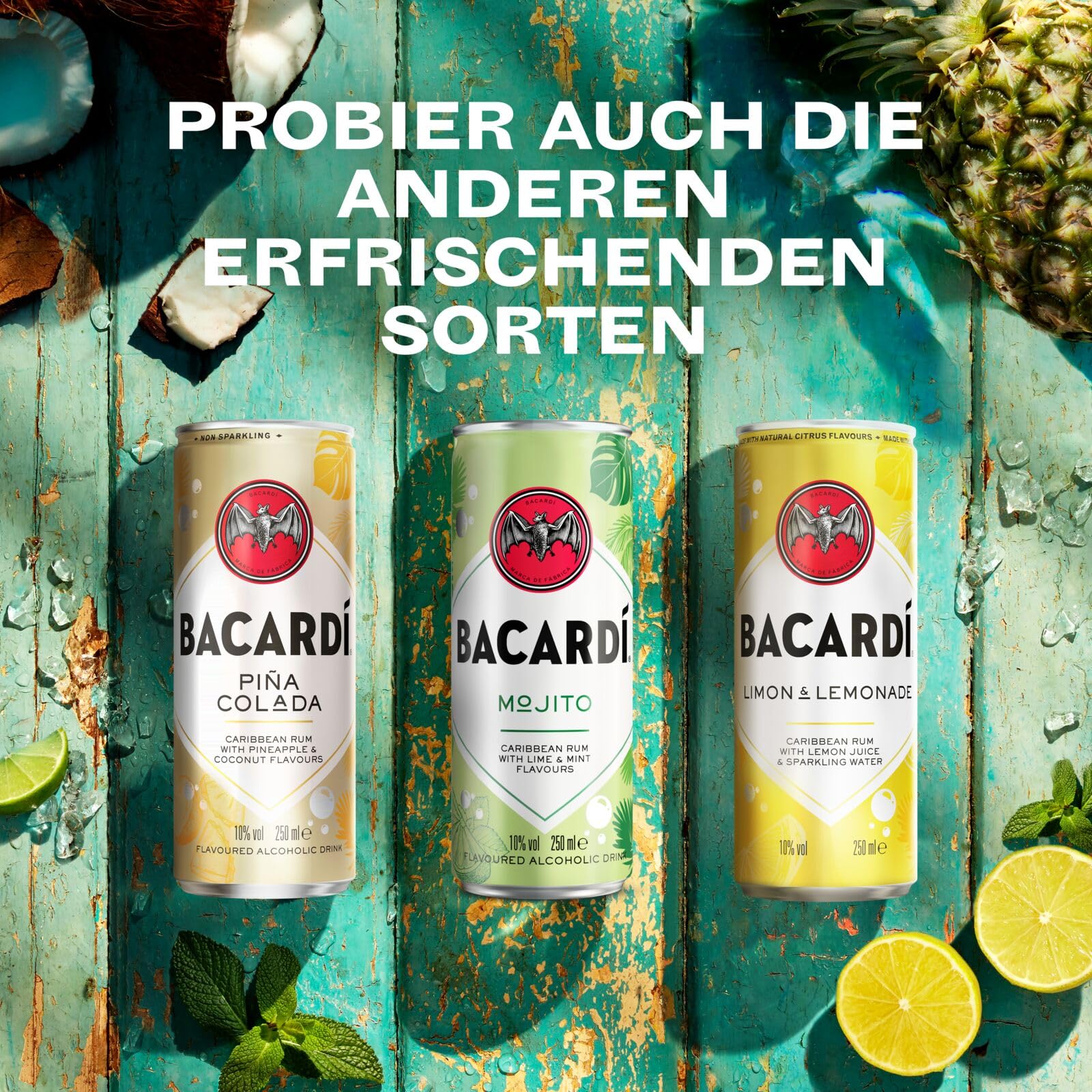 BACARDÍ Piña Colada, 10% Vol., 12 x 25 cl/250 ml, Ready-To-Drink Cocktail in der Dose, trinkfertig mit BACARDÍ Carta Blanca Rum, Ananas und Kokosnuss