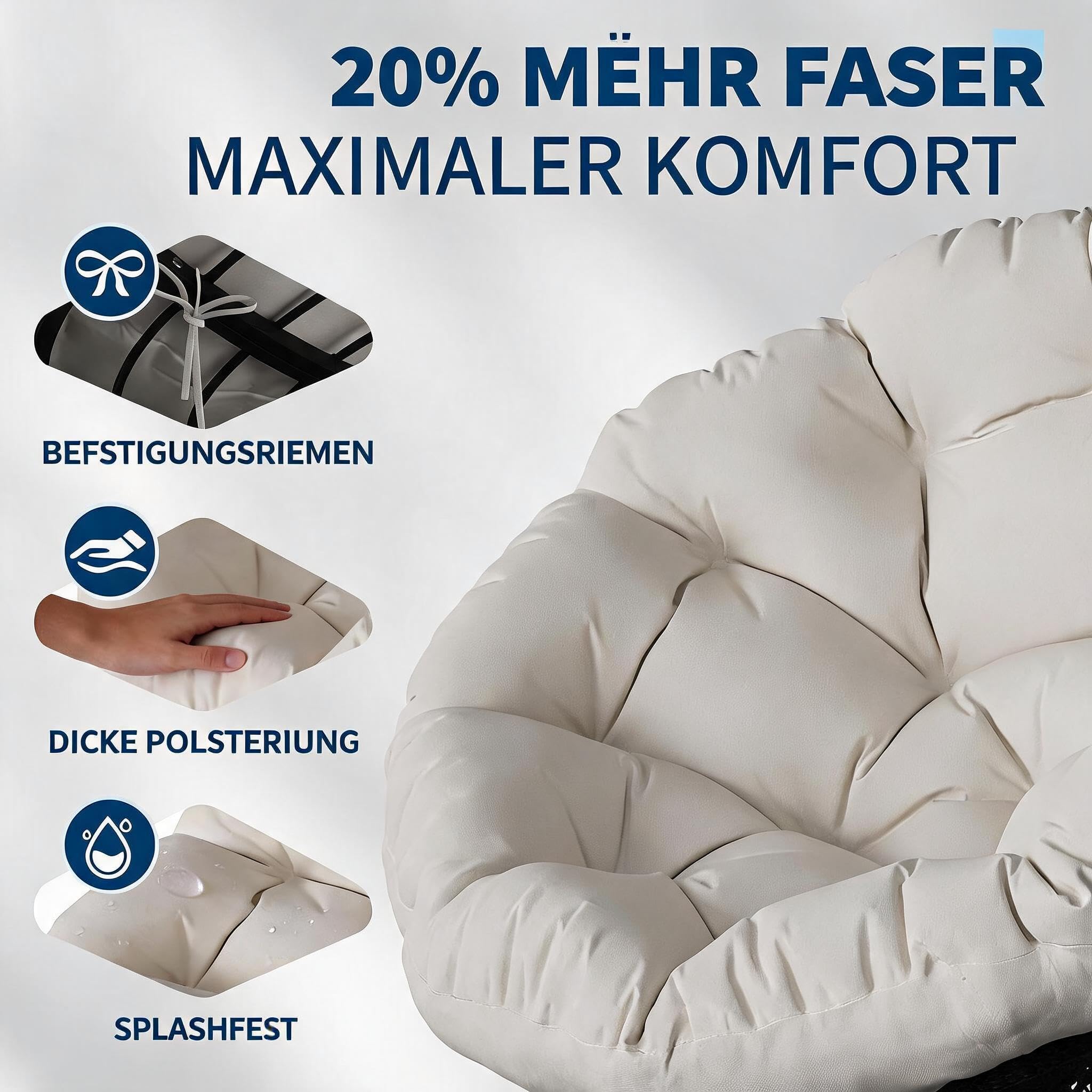 Papasansessel, Bequemer Rattansessel Mit Kissen Rund Durchmesser 124cm, 360° Drehbar Loungesessel Mit Stabiler Stahlrahmen, Gemütlicher Korbsessel, Drehsessel Für Wohnzimmer Balkon Leseecke, Beige-A
