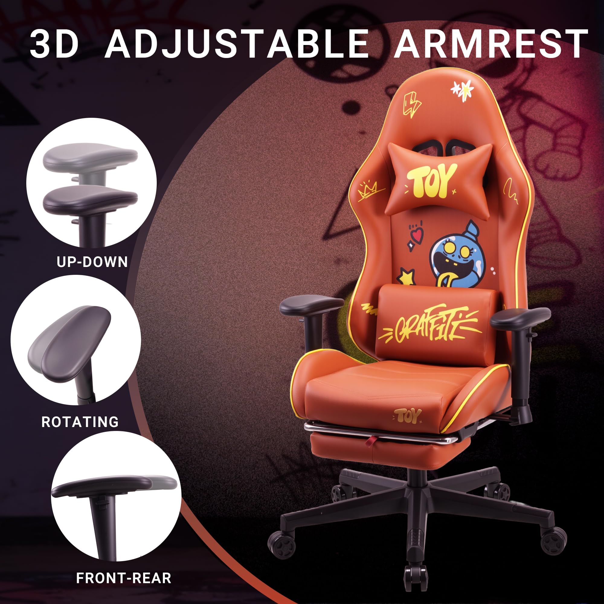 play haha Gaming Chair with Footrest, Ergonomic Reclining Gamer Chair with Adjustable Armrests - Image 3