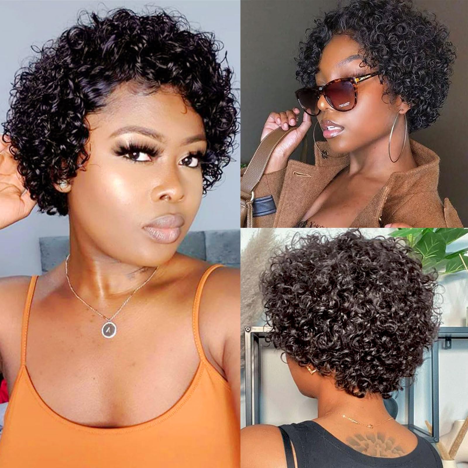 Huarisi Short Pixie Cut Curly Wigs for Black Women Human Hair 6 Inch 13x1 Transparent Lace Front Wig Remy Brazilian Hair Natural Color No Bangs Bouncy Curls