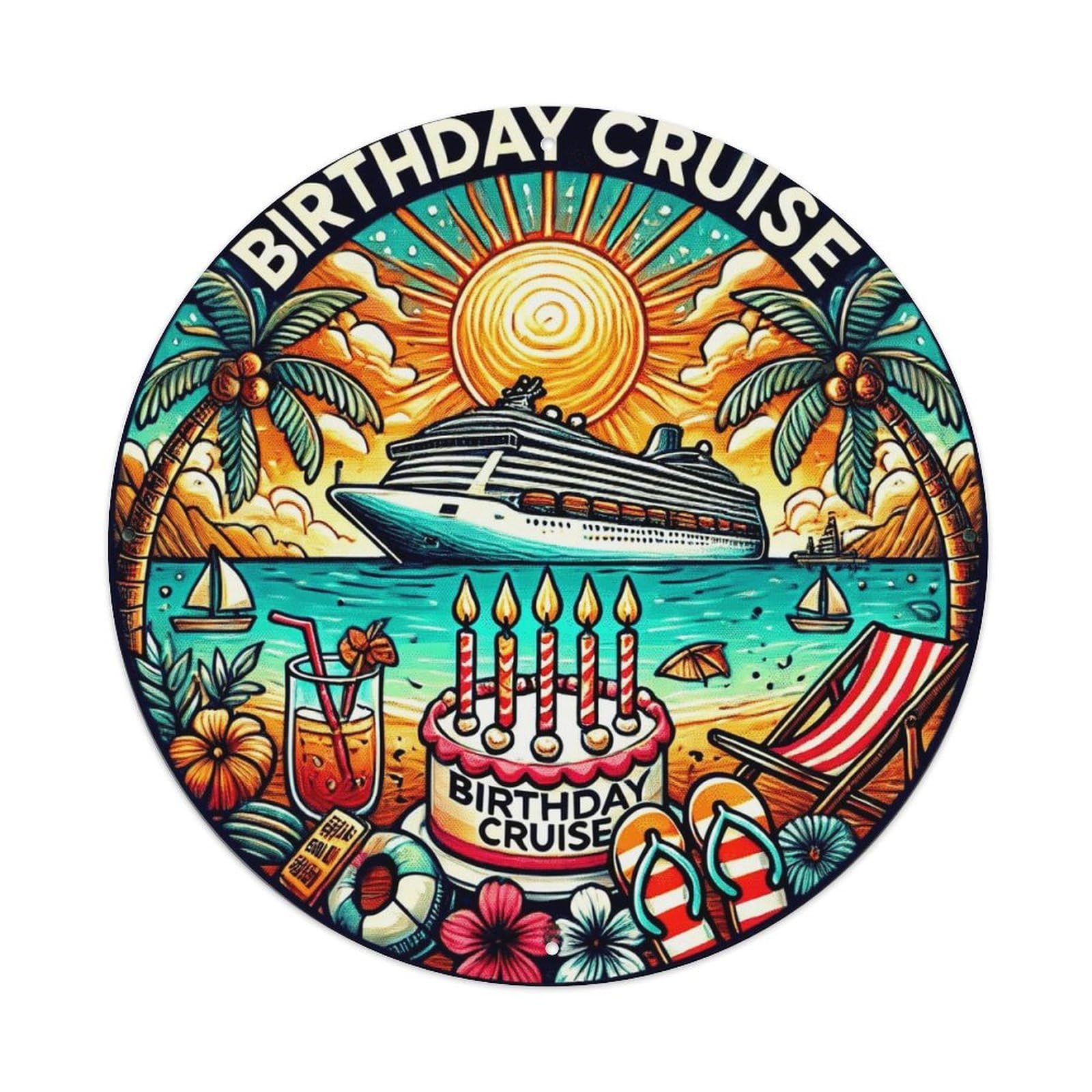 Birthday Cruise Tropical Paradise Sunset Metal Tin Sign Plaque