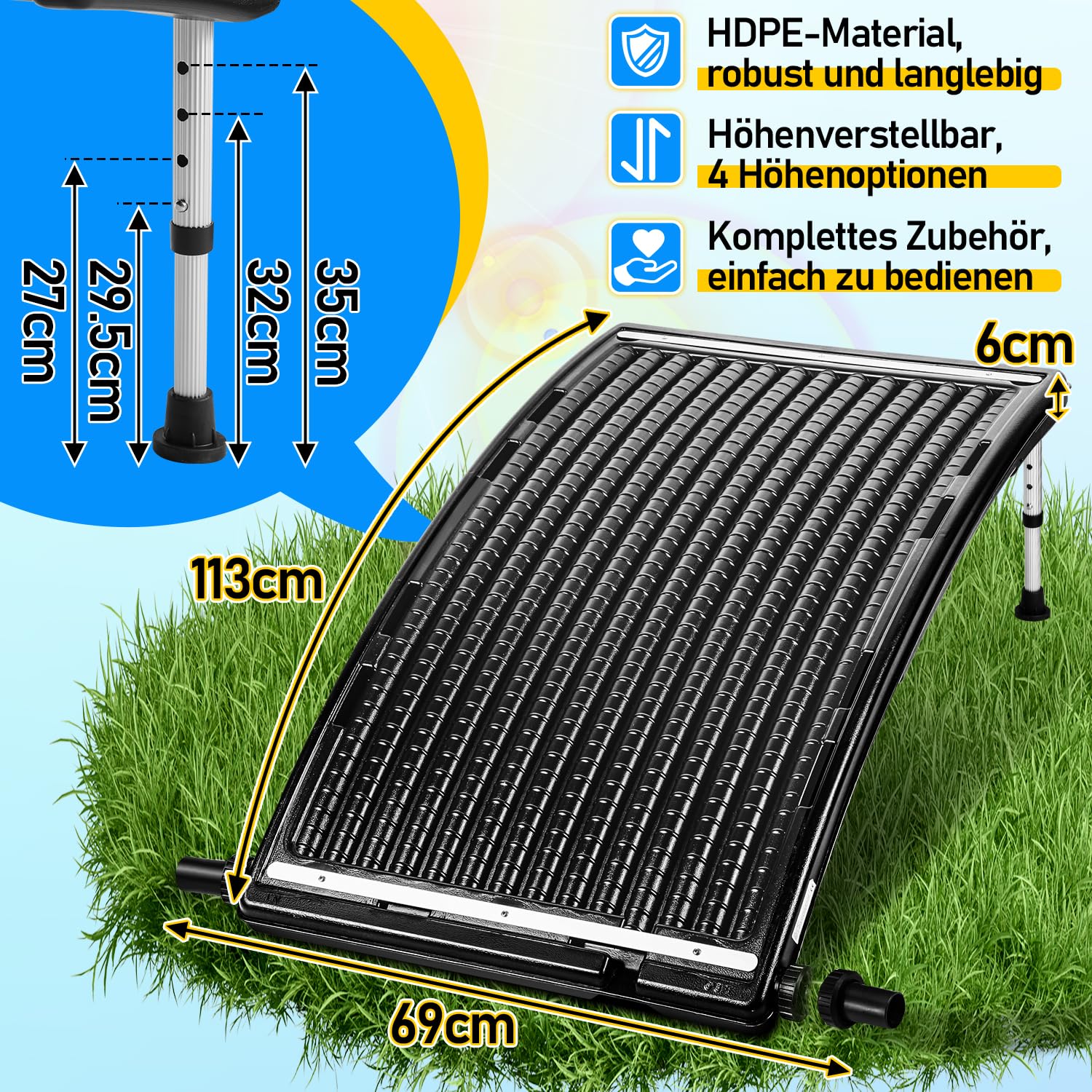 Poolheizung Solar, 113 x 69 x 35cm Sonnenkollektor Pool,Solarheizung 10000 L/H,32-40mm Anschluss Solar Poolheizung Erweiterbar,Solaranlage für Warmwasser Gartendusche Pool,Poolheizung