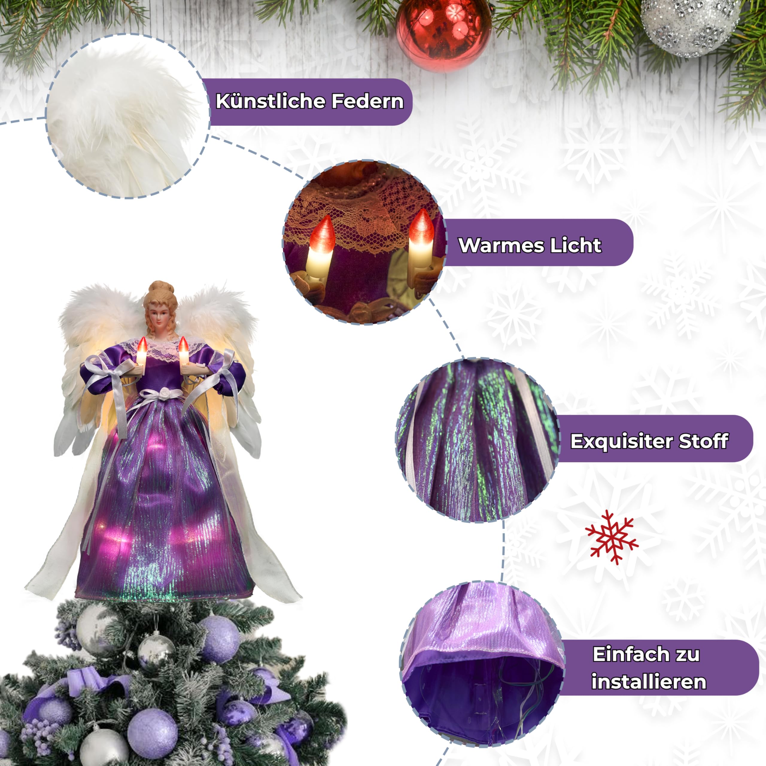 Christbaumspitze Engel mit automatisch schlagenden Flügeln – Weihnachtsbaumspitze beleuchtet in Lila, 30 cm, mit Hellen LEDs & separat steuerbaren Flügeln, 6 Std. EIN / 18 Std. Aus