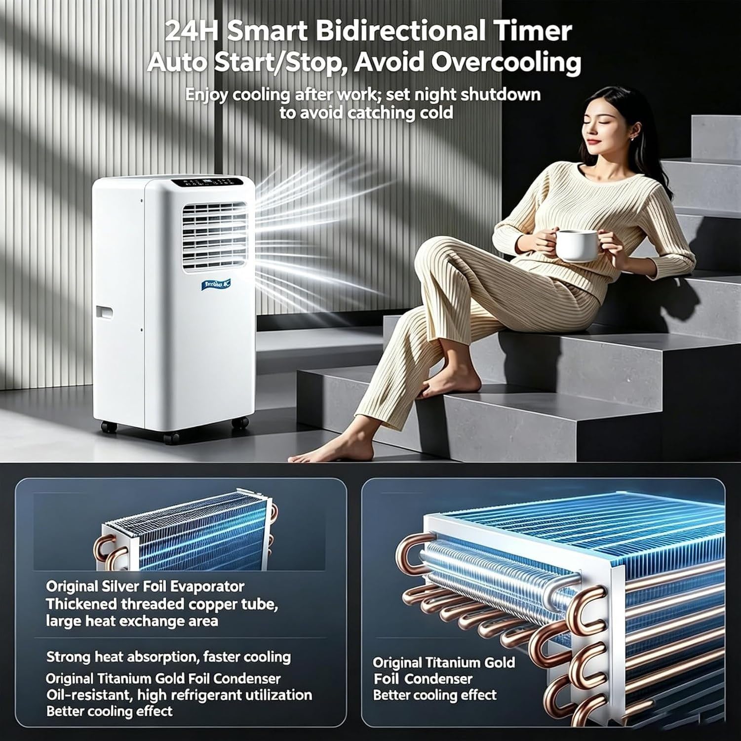 Condizionatore d'Aria Portatile 3-in-1 Ventilatore deumidificatore con Timer 24H Display Digitale Telecomando Kit Tubo Finestra Senza Installazione AC da Viaggi, 9000btu