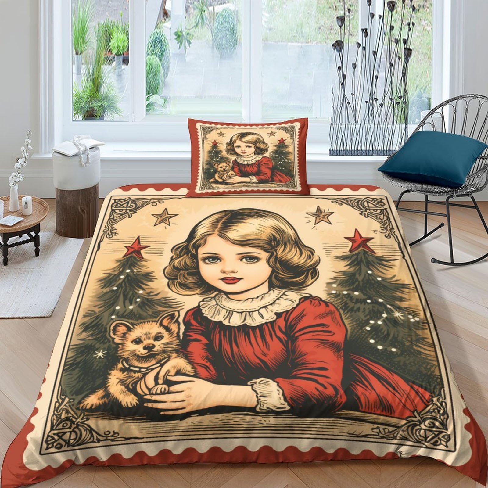 Housse de couette Noël timbre vintage pour lit enfant et adulte
