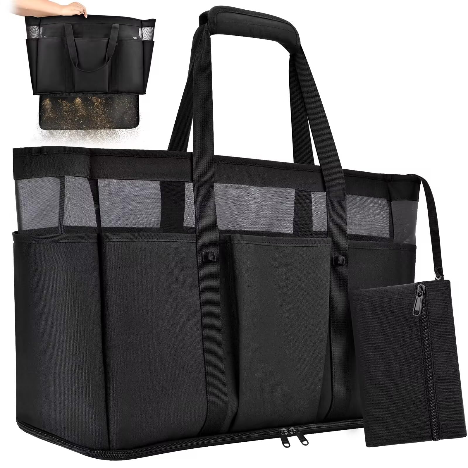 TEUEN Large Beach Bag with Zipper, 12 Pockets Waterproof Sandproof Pool Bag Womens Mesh Beach Tote Bag for Travel Vacation