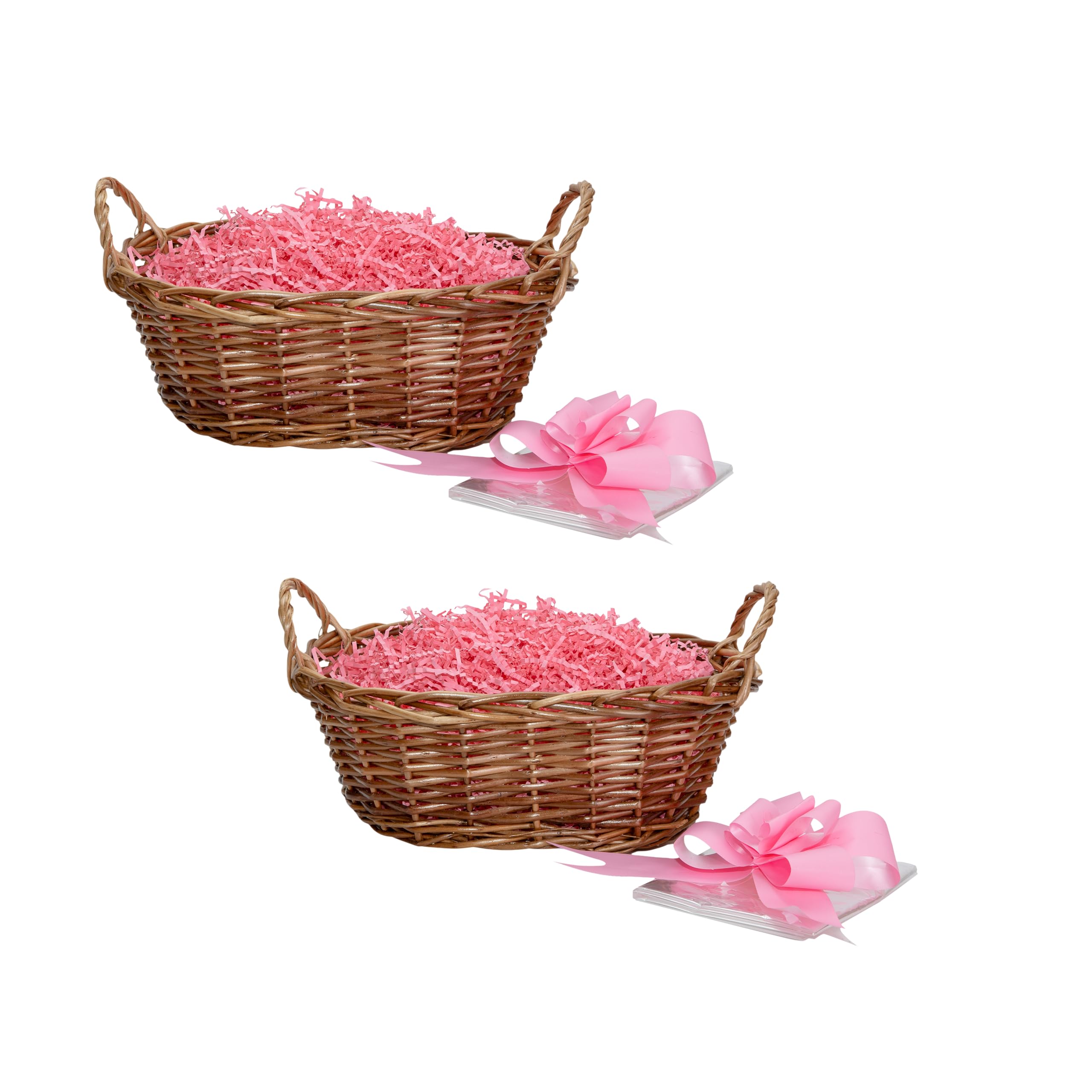 Wickerfield Brown Baskets, Pink Fillings Set Of 2 Handwoven Wicker Gift Baskets Diy Empty Hamper Kit For Christmas, Christening, Wedding, Birthday Gift (Brown Baskets, Pink Fillings)