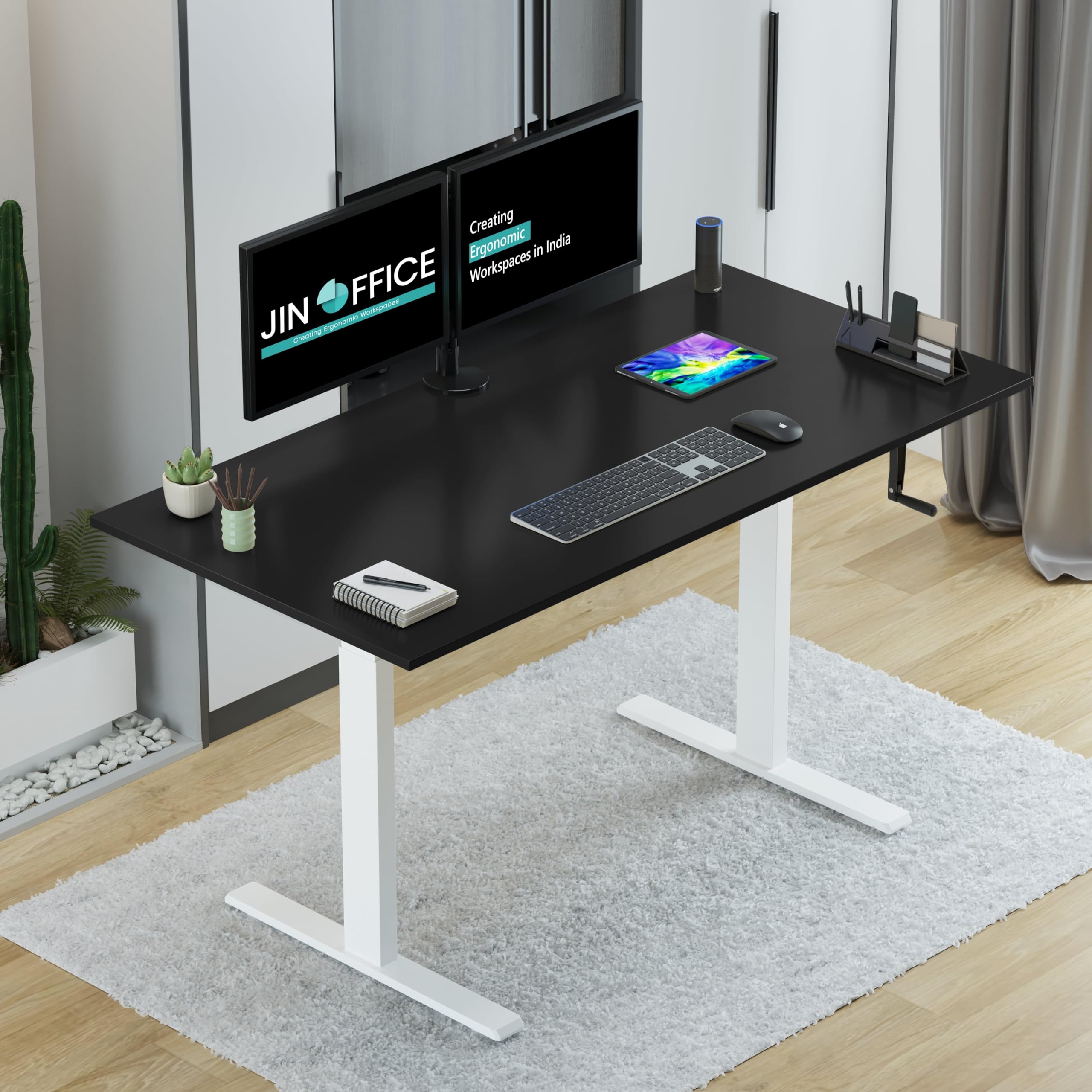 Jin Office Vertex Manual Height Adjustable Standing Desk| Adjustable Table with Hand Crank| Sit Stand Ergonomic Desk for Home Office, 3 Year Warranty,80 Kg Wt.Cap| White & Black|1500*750mm/ 25MM Thick