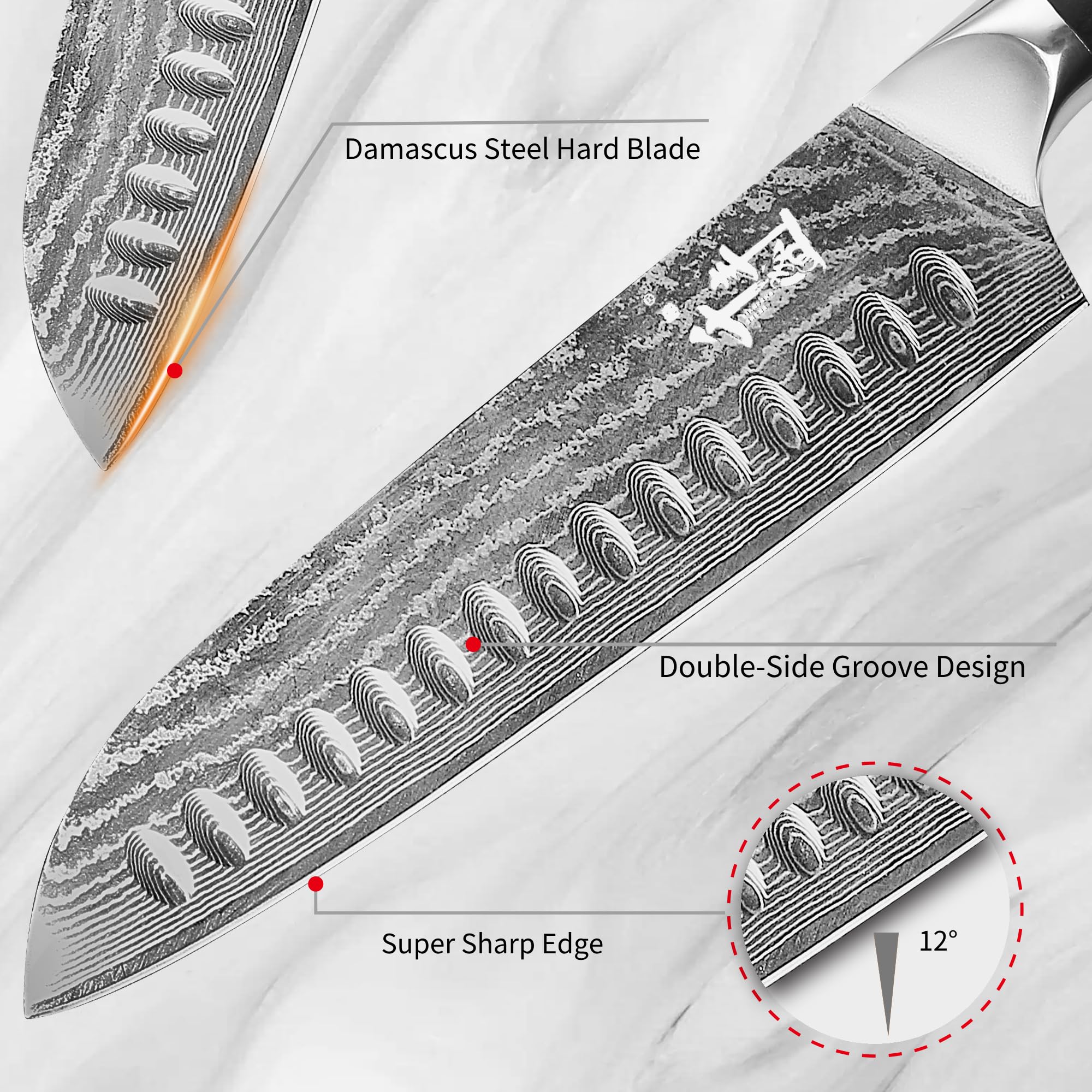 Damaszener Santokumesser 18 cm, professionelles Küchenmesser mit Holzgriff, Kochmesser mit hohem Kohlenstoffgehalt, ultrascharfe Küchenmesser VG10 Damaszener Edelstahl