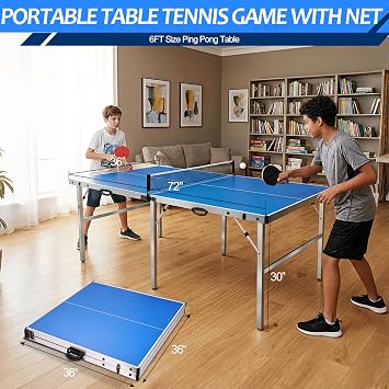 6ft Folding Table Tennis Table, Portable Ping Pong Table Set with Net, 2 Paddles, 4 Balls, Indoor Outdoor for Family Entertainment, Blue