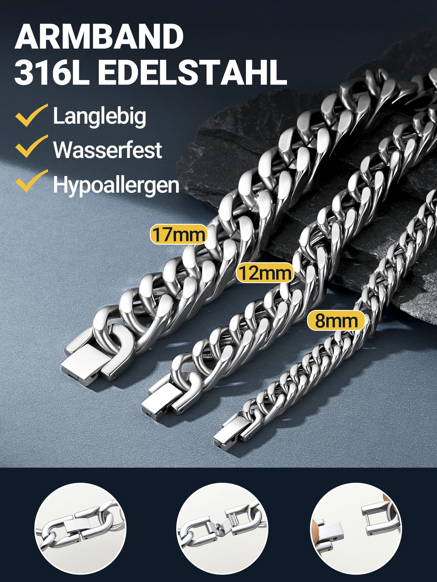 PROSTEEL Herren Armband Edelstahl/18k vergoldet/Schwarz Panzerkette Armband für Männer Jungen schwer Glieder Link Kettenarmband 19/21/23CM Armkette Hip Hop Rapper Modeschmuck 8mm/12mm/16,5mm/17mm