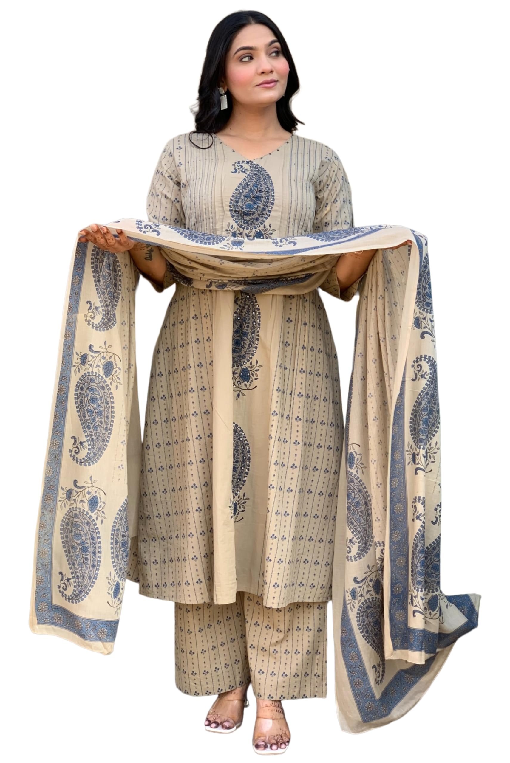 gosriki Kurta Set for Women Viscose Printed | Straight Kurta Palazzo Dupatta Set for Woman | V Neck 3/4 Sleeve 3 Piece Ethnic Dress Stylish Womens Clothing Trendy Outfit-picture-15