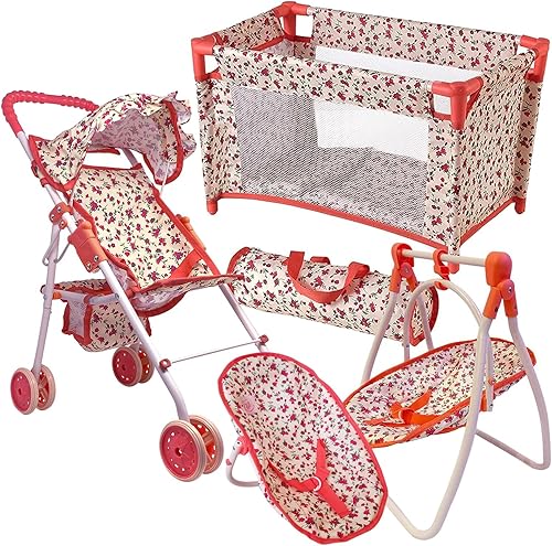 Miniatura 8 de Cochecito de Muñeca Bebé de Lujo con Set de Juego de Muebles de Cuna, Set de Múltiples Accesorios para Muñecas Bebé de 18", Incluye Cochecito de