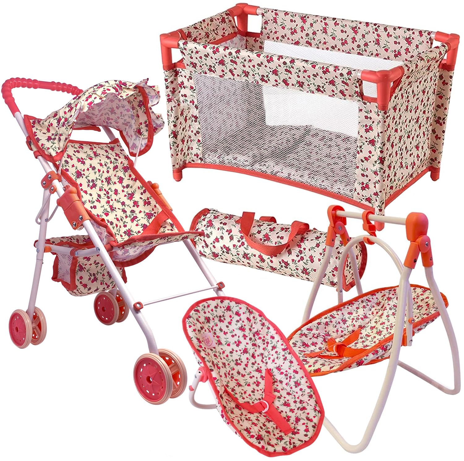 Deluxe Baby Doll Stroller and Crib Furniture Playset, Multi Baby Doll Accessories Set for 18" Dolls, Includes Doll Stroller Swing and Doll Bed Pretend Play for All Dolls - Floral