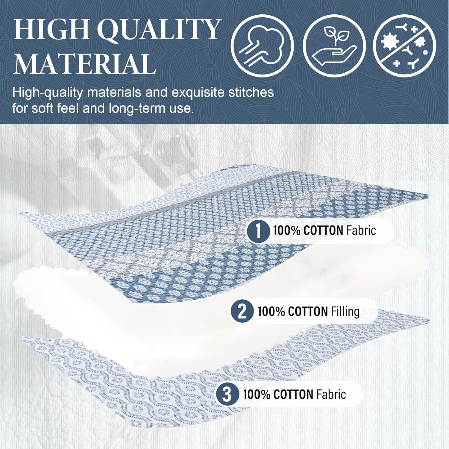 SahSahCasa Quilt King Size, King Quilt Set, 100% Cotton Floral Quilt, King Quilt Bedding Set Bedspreads, Patchwork Reversible Lightweight Comforter Bed Spread for All Season, Blue/Gray, 3 Pieces - Image 4