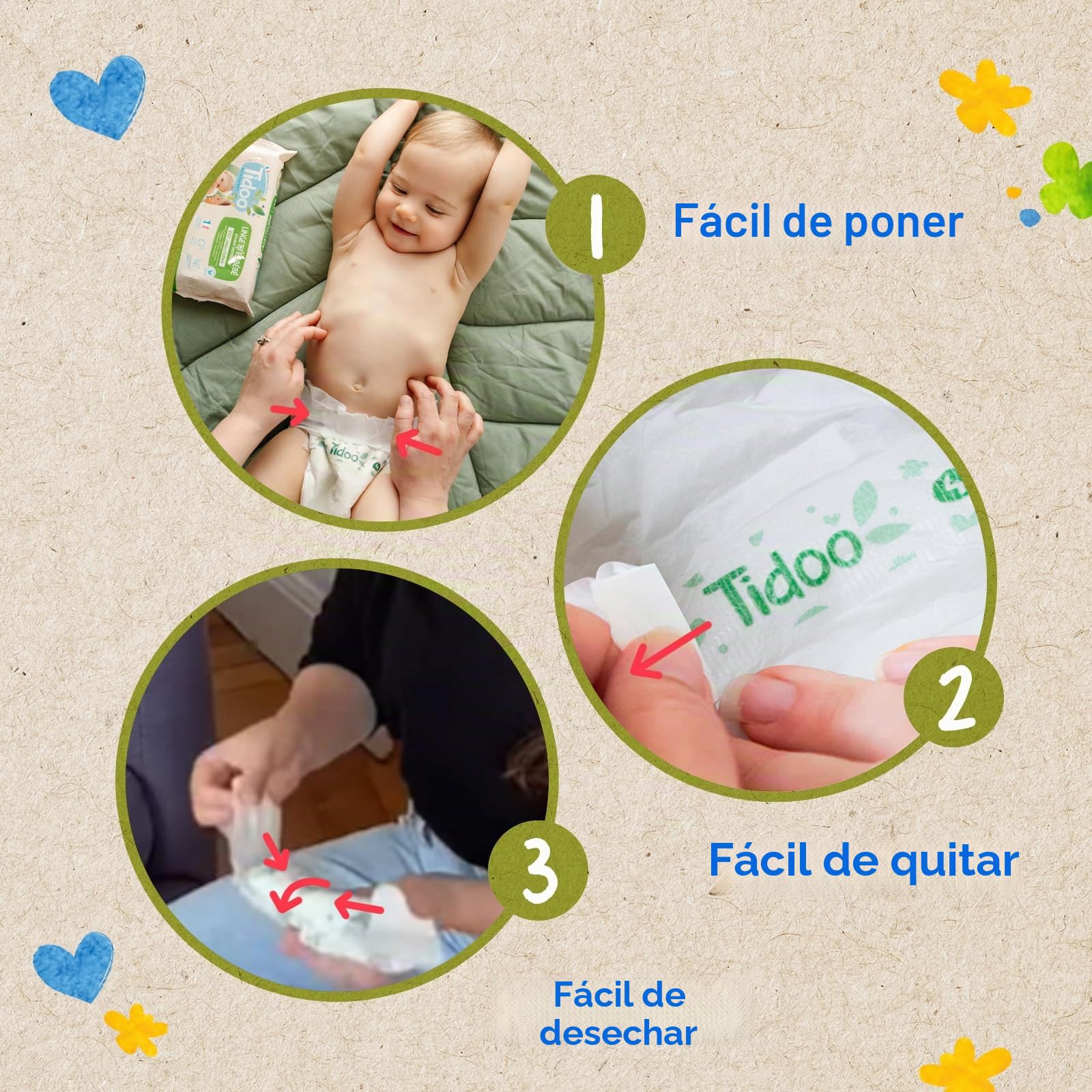 Tidoo – Pañales ecológicos talla 2 (3-6 kg) – Origen natural, libre de sustancias nocivas – 12 horas secas, ultra absorbentes – Fabricado en Francia – 150 capas desechables – Paquete de 1 mes