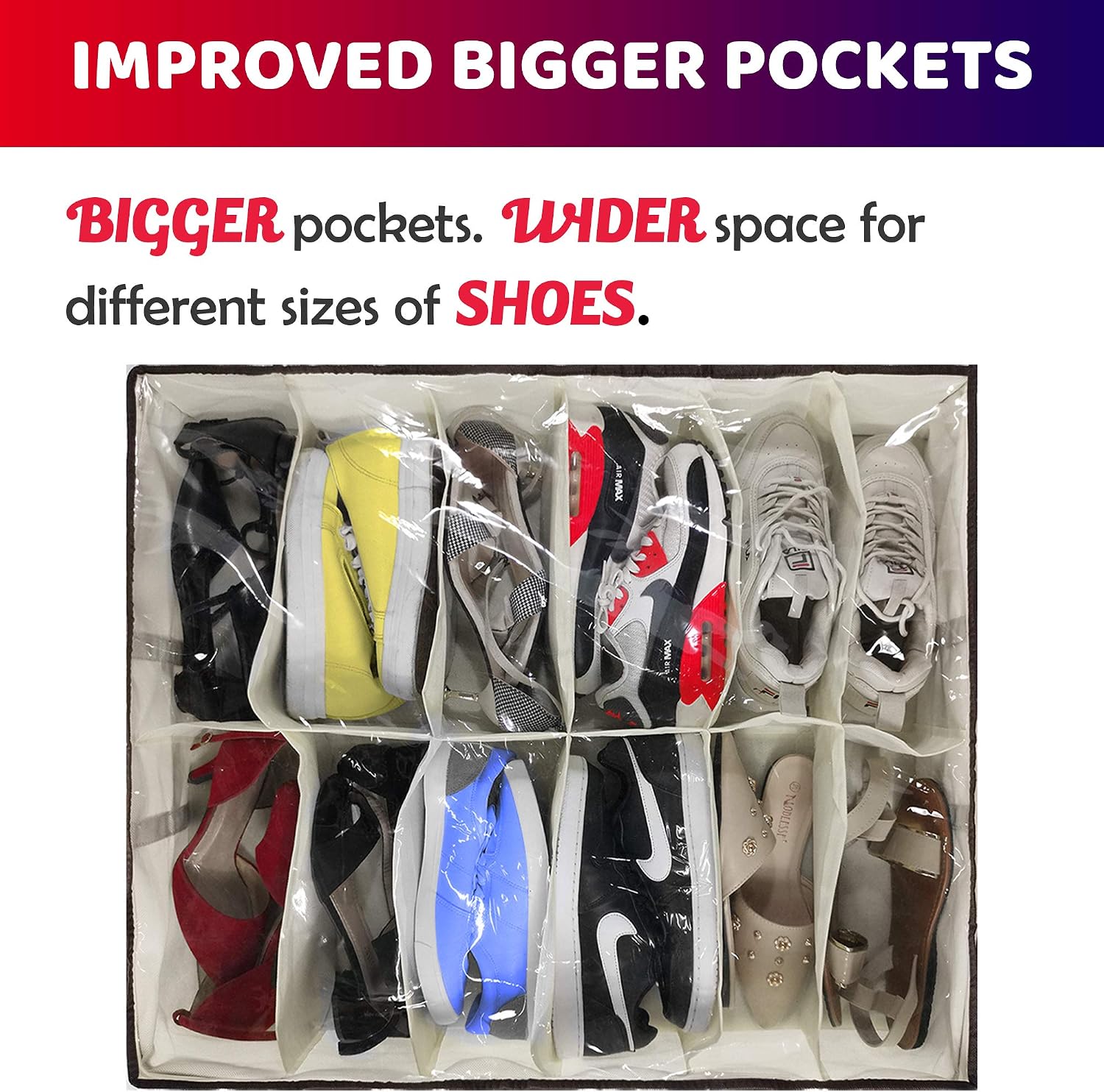 Ziz Home Under Bed Shoe Organizer 2 Pack for Kids and Adults - 12 Pairs - Underbed Shoes Closet Storage Solution - Made Materials with Front Zippered Closure - Easy to Assemble (1) (2)