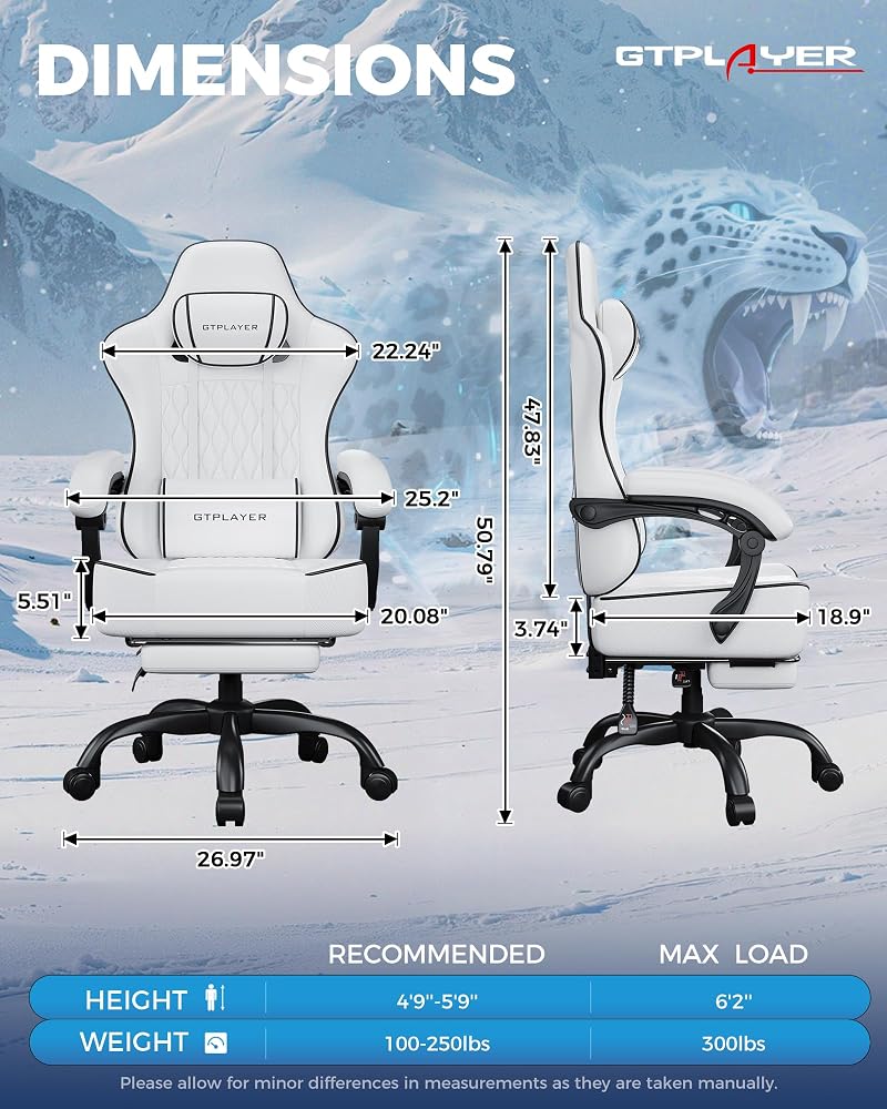 GTPLAYER Big and Tall Gaming Chair with Footrest, Ergonomic Office Desk Chair with 4.4in Thick Cushion and Wide Wingless Seat, Comfortable Leather Computer Chair, Predator Series, White