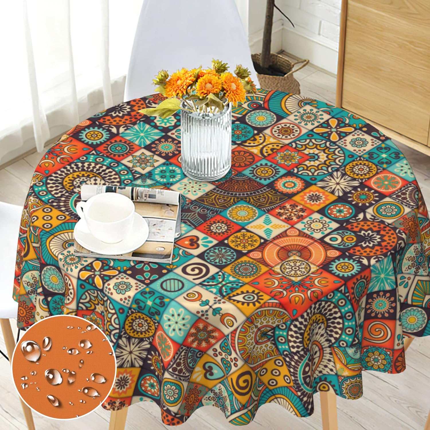 Boho Round Tablecloth 60 inch, Bohemian Circle Table Cloth, Stain Resistance, Water Repellent and Wrinkle-Free, Colorful Tablecloth Decor for Home Kitchen Dining Party Patio Indoor and Outdoor Use