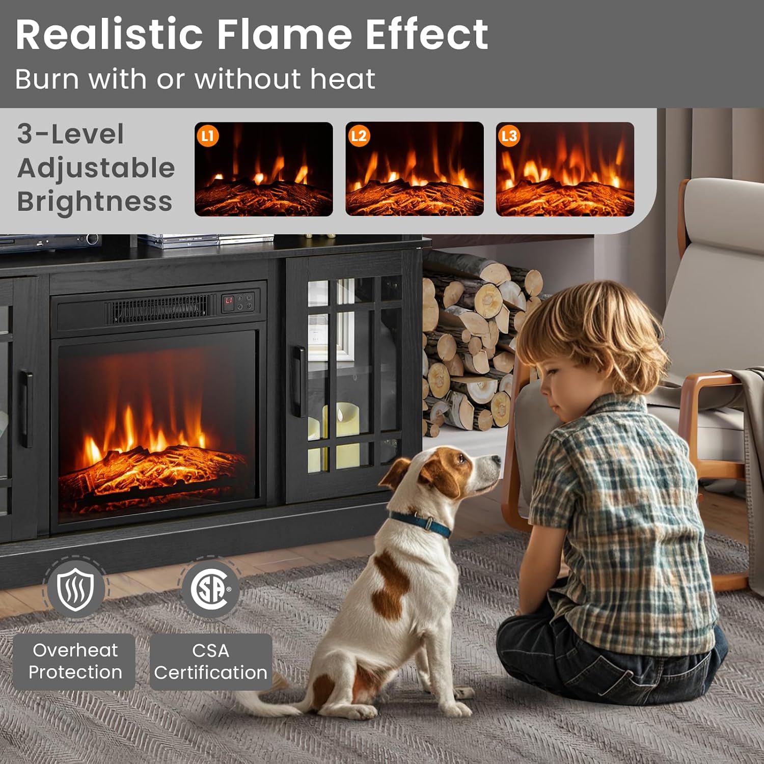 ORALNER 48'' Fireplace TV Stand for TVs up to 55 Inches, 18'' Electric Fireplace, Entertainment Center Media Console for Living Room, Television Cabinet, Adjustable Shelves, 1400W (Black)
