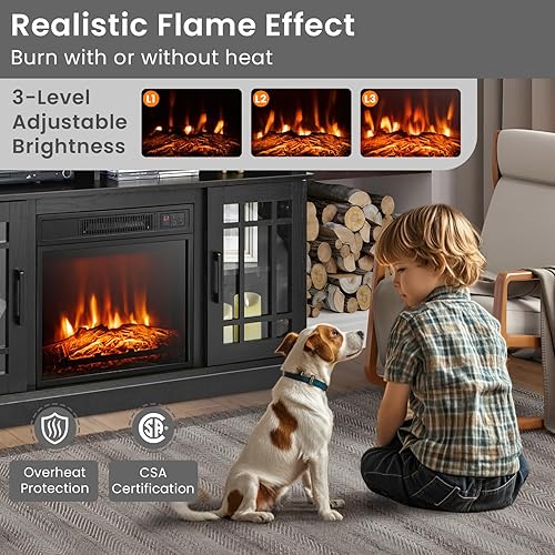 Miniatura 2 de SIMOE Moderno soporte de TV eléctrico de 48 pulgadas, consola de TV para televisores con chimenea de 18 hasta 55 pulgadas con 2 estantes abiertos y