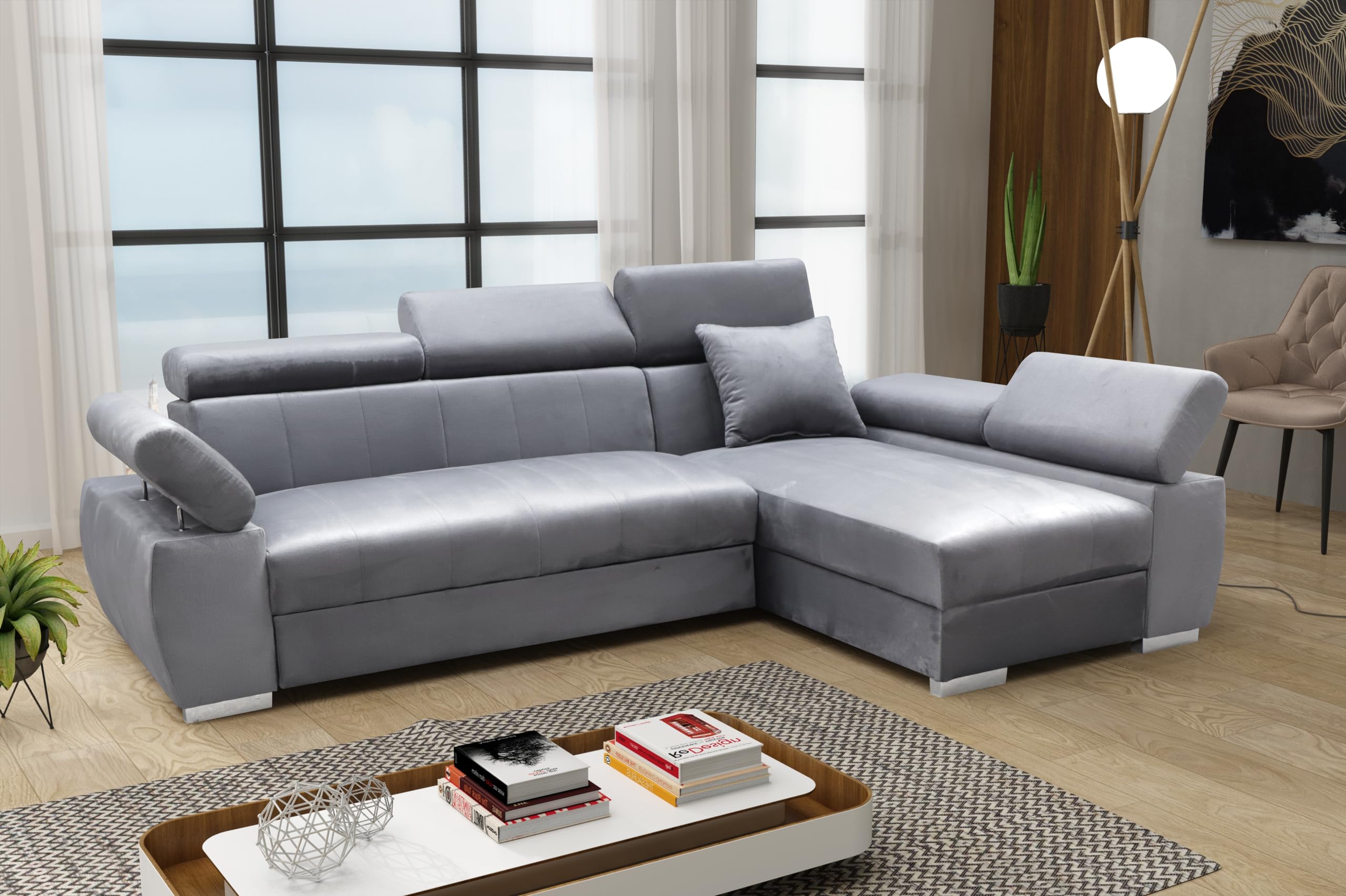 Ecksofa OTTO, Eckcouch mit Schlaffunktion, Federkern, Verstellbare Kopfstützen, Einfacher Klappmechanismus, Bettfunktion, Zusätzlicher Stauraum, Plüsch Grau, Rechts