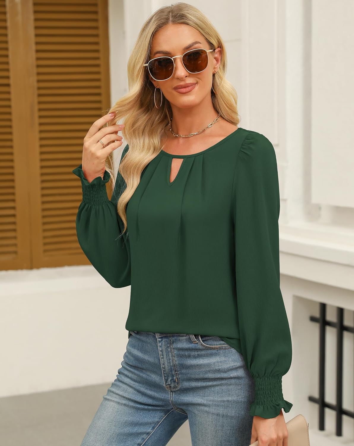 Womens Long Sleeve Tops Dressy Casual Keyhole Blouses Pleated Tops 2025 Trendy Basic Work Shirts - Image 3