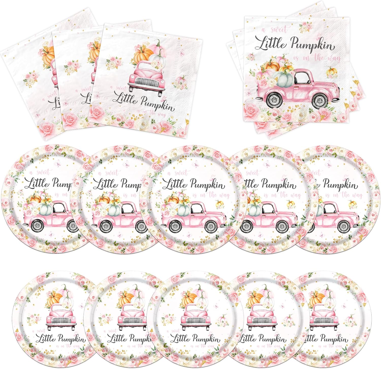 Little Pumpkin Paper Plates and Napkin Pumpkin Baby Shower Party Decorations for Girl A Little Sweet Pumpkin is On The Way Pink Floral Truck Disposable Tableware Party Supplies Favor for 25 Guests