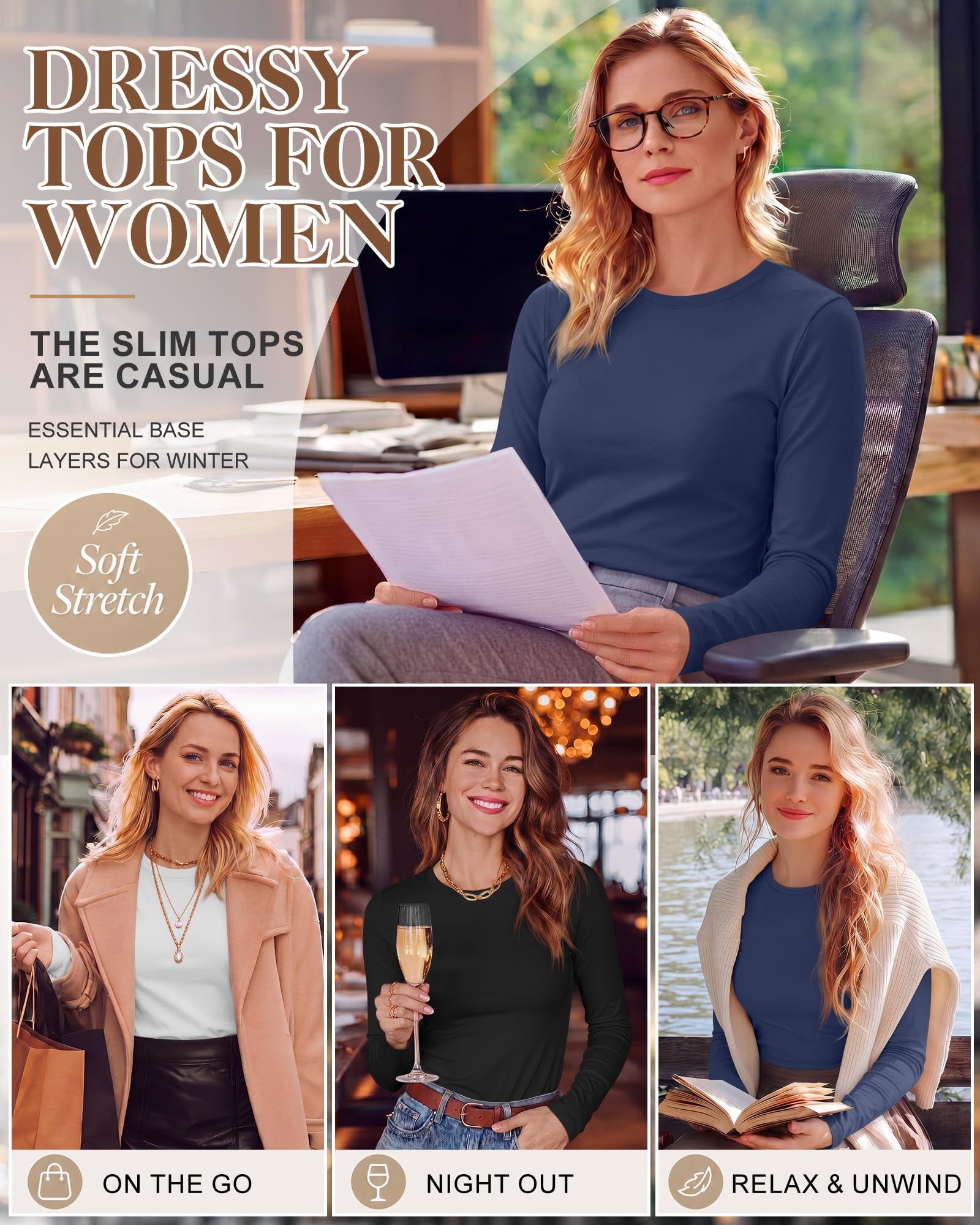 Riyiper 3er Pack Langarmshirts für Damen Baumwolle Rundhalsausschnitt Oberteile Schmal Geschnitten Dehnbar Lässig Basic