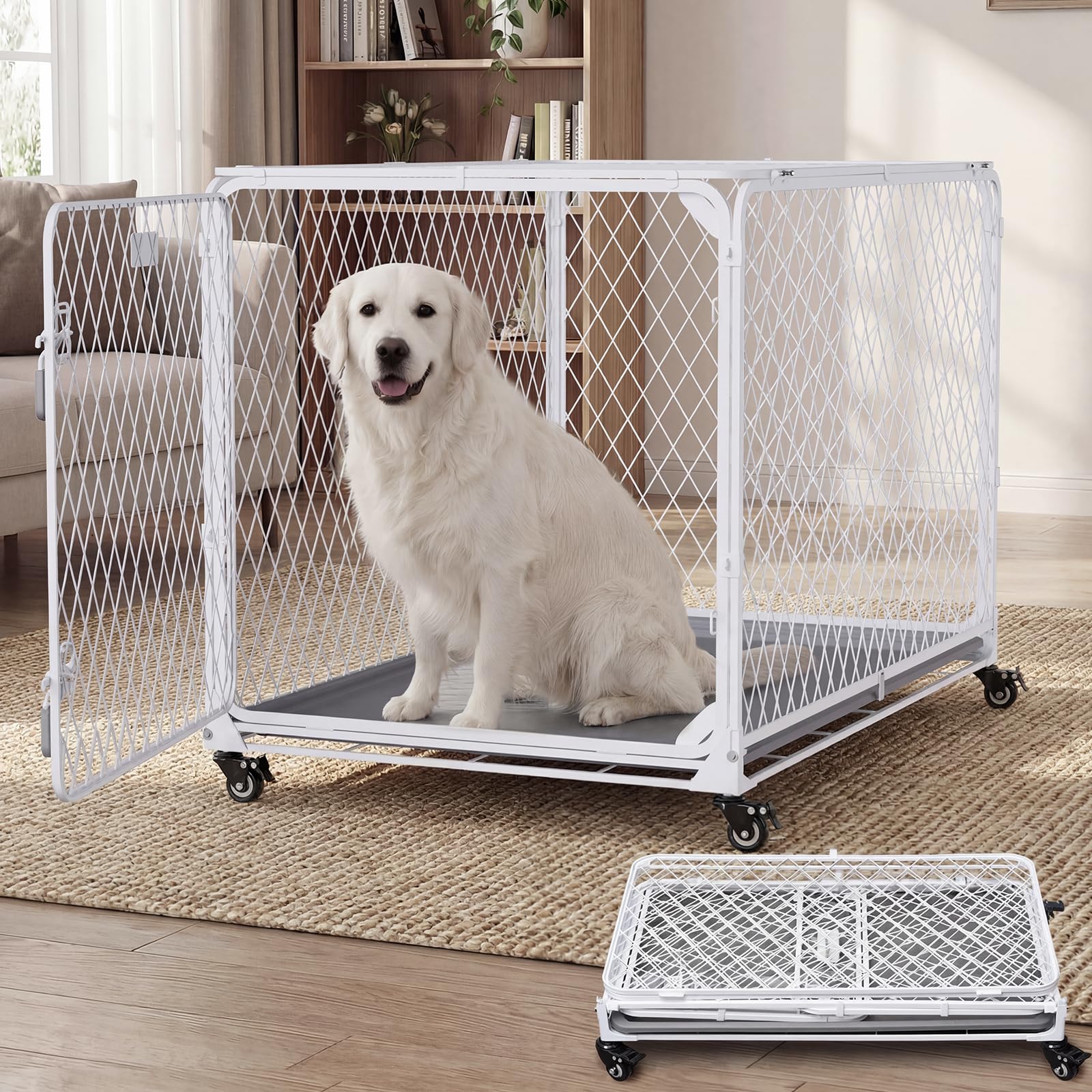 Gardner Cage pour Chien Pliable 108x72x73cm avec Roues Verrouillables Plateau Amovible Blanc