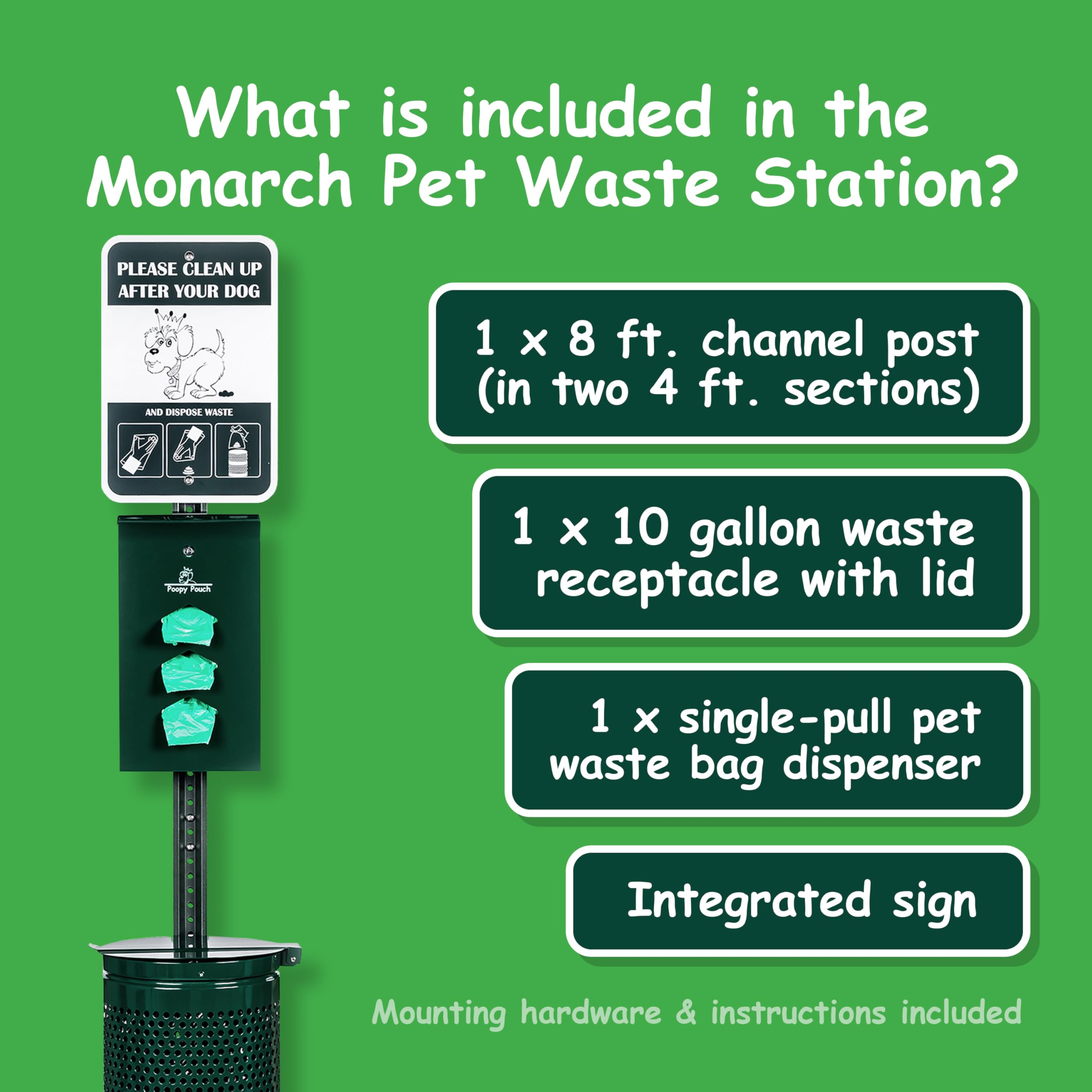 Poopy Pouch Monarch High-Capacity Pet Waste Station (Complete Kit) - Includes Locking Dispenser, 10 Gallon Trash Can With Lid, Steel Sign, 8ft. Channel Post, & 800 Poopy Pouch Universal Pet Waste Bags
