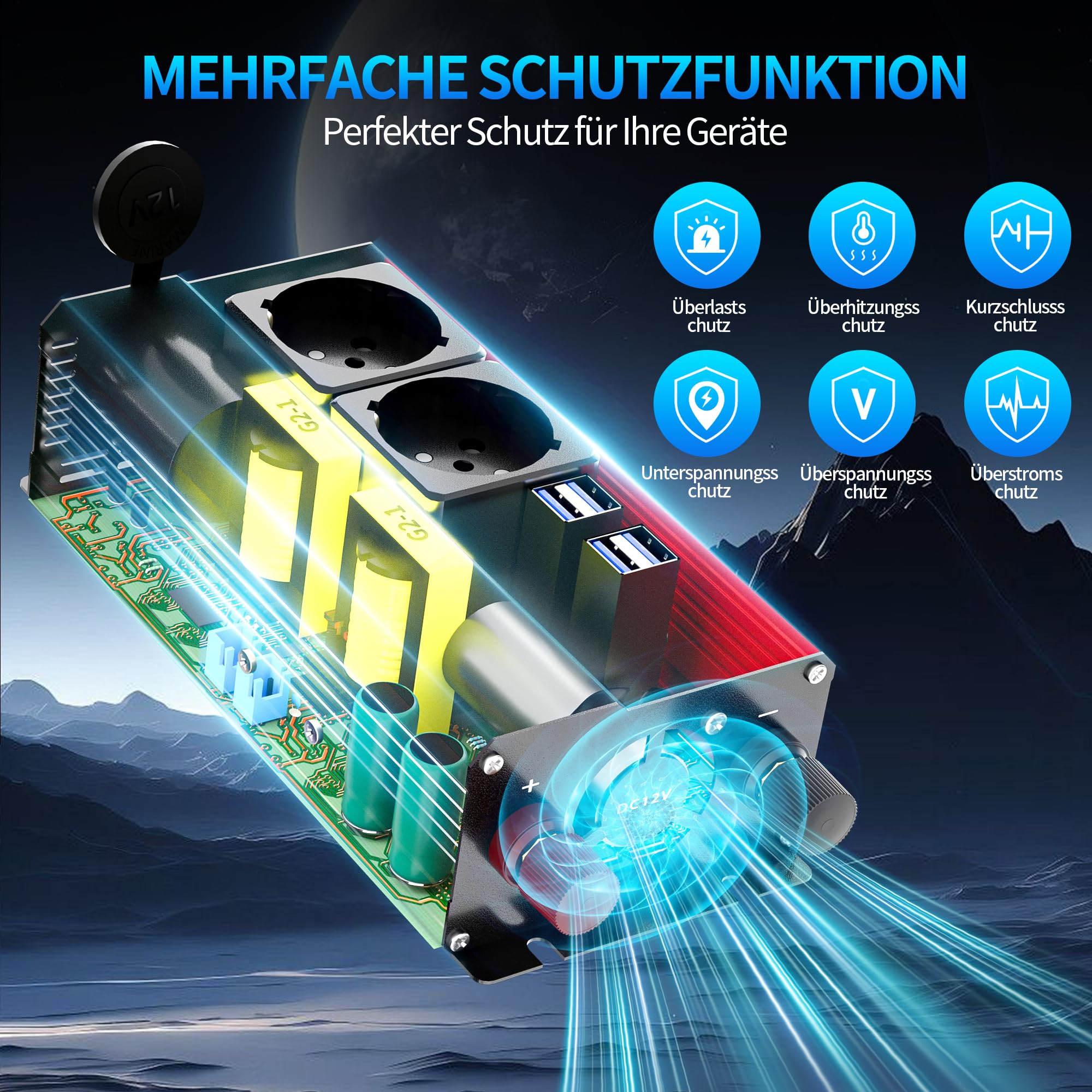 Transformador de tensión de 500 W con pantalla digital LED, inversor de 12 V a 230 V, con 4 puertos USB-A y 2 enchufes para coche, carga tu ordenador portátil, iPad, iPhone, tablet y más