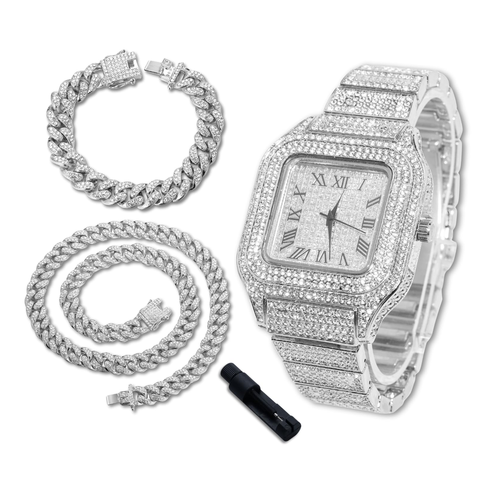 Luxury Diamond Watch for Kids Teen - Iced Out Bling 18K Real Gold/Platinum/Rhodium Black Plated - 40mm Square Dial Strap 7.3" - Adjuster Tool Included - Optional with Cuban Chain