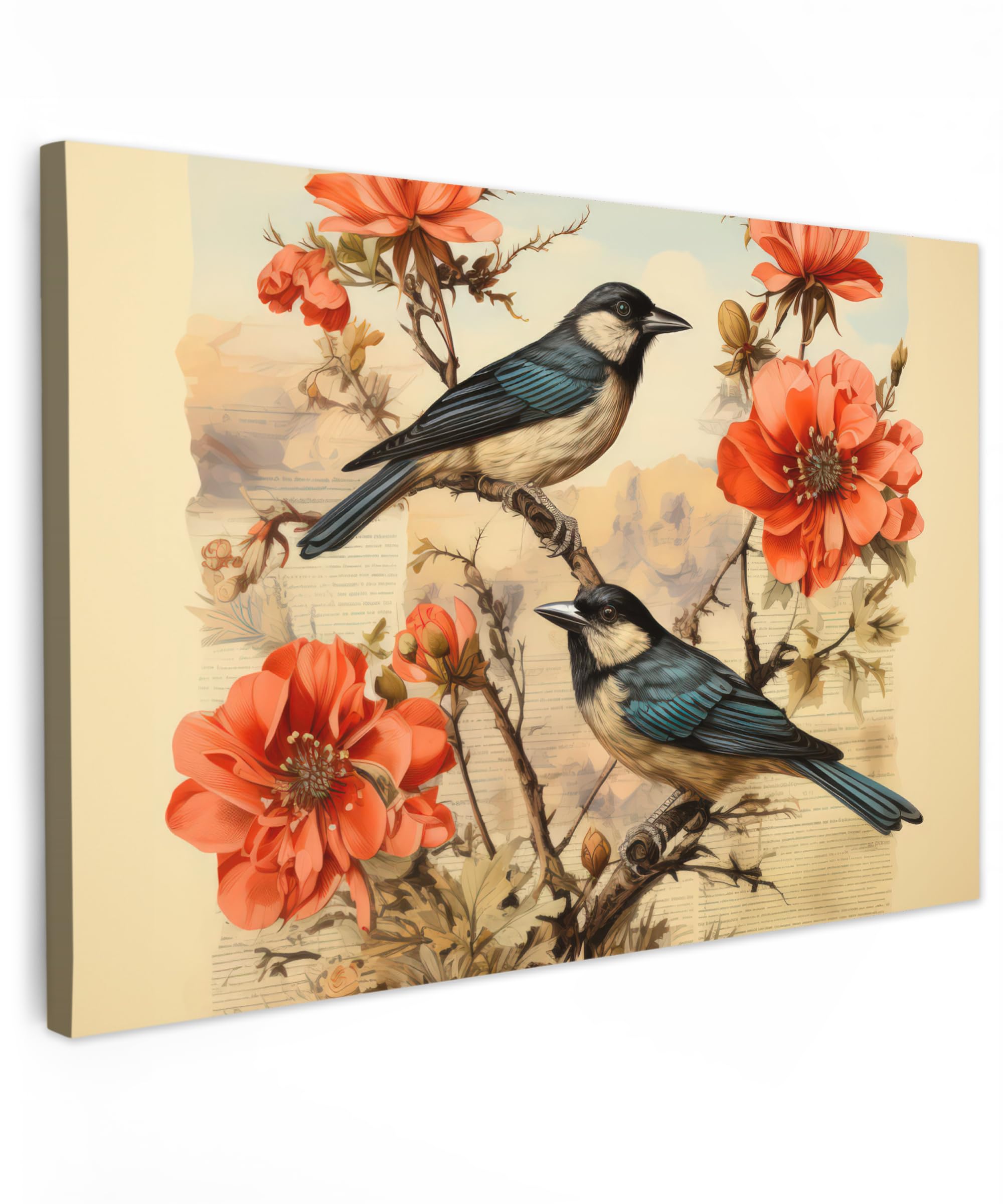 MuchoWow© Wandbilder 90x60 cm Schlafzimmer Home Deko Wohnung Bild Wohnzimmer Fotoleinwand Wand Bilder Leinwand Wall Decor Vintage - Vögel - Blumen - Rot - Beige - Tiere - Zweige