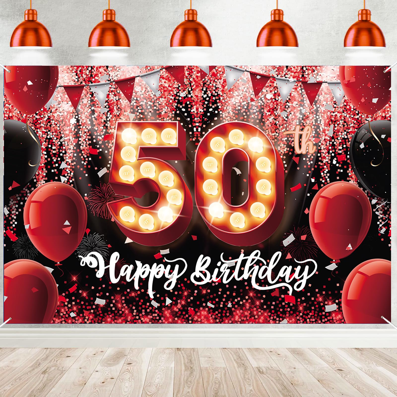 50th Happy Birthday Banner Red Glitter Sequin Balloon Banner Backdrop for Man Woman Gift Sign Birthday Party Decorations Photo Booth Background Props